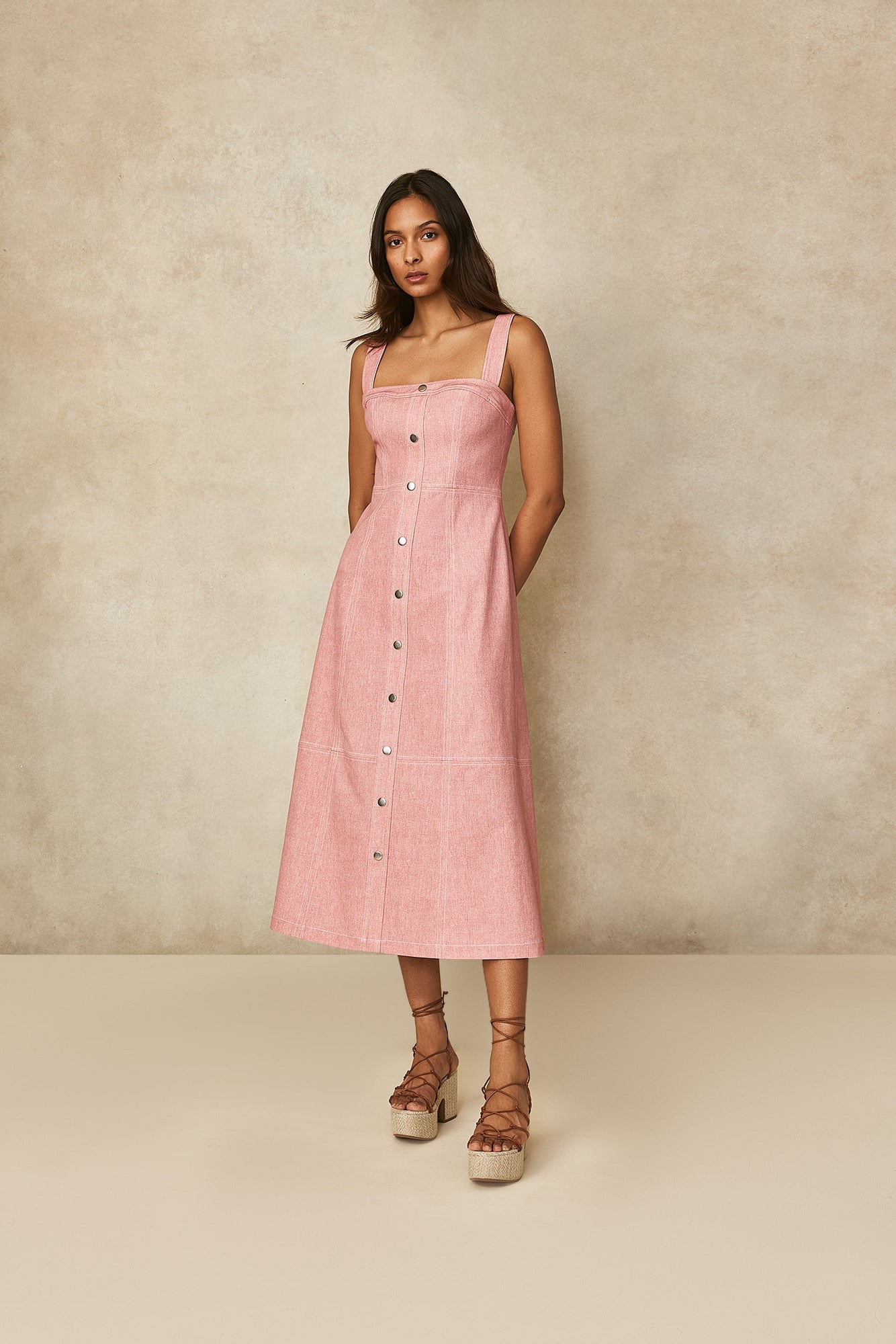Stretch Denim Button Front Dress | Dusty Rose