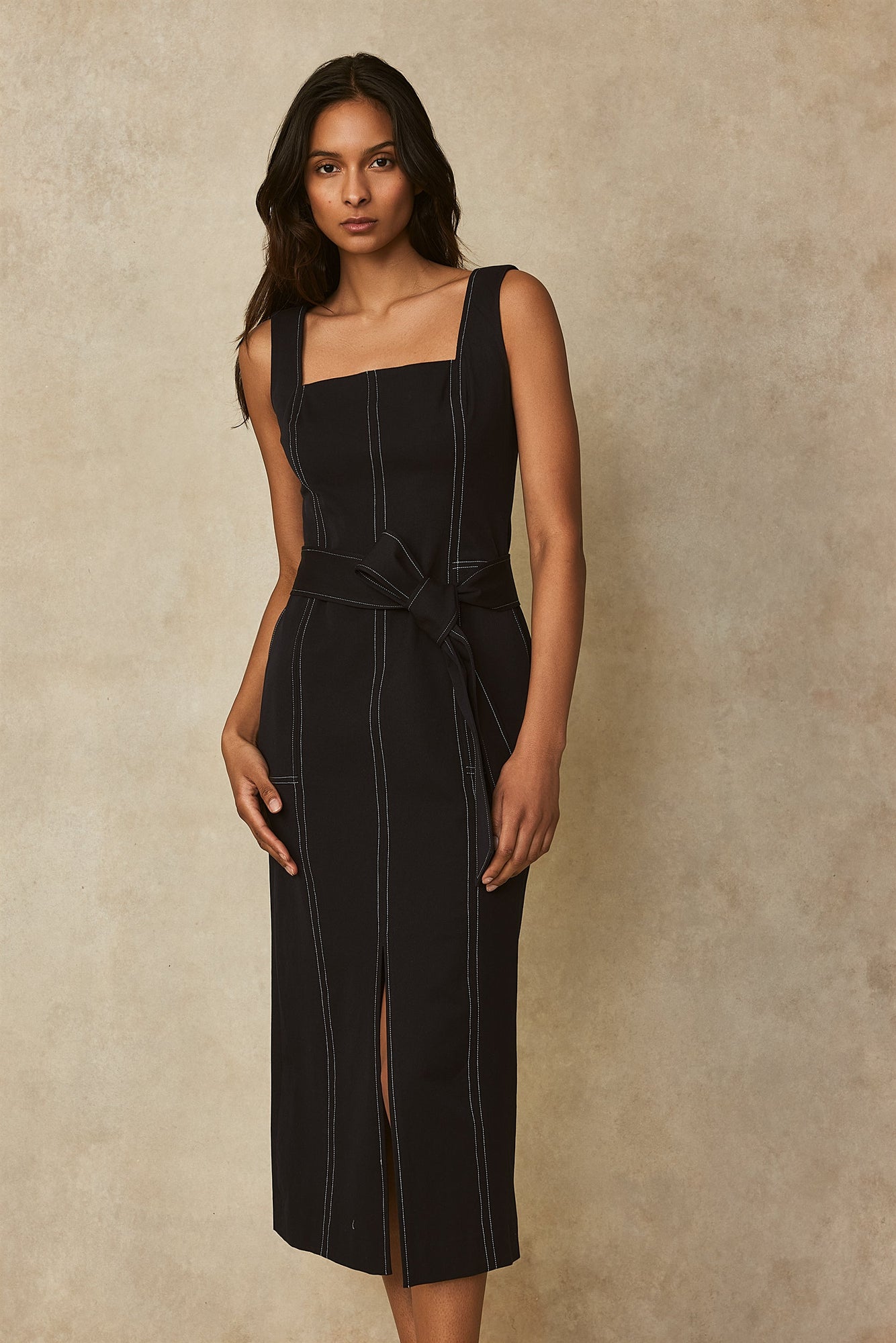Stretch Cotton Square Neck Sheath | Navy