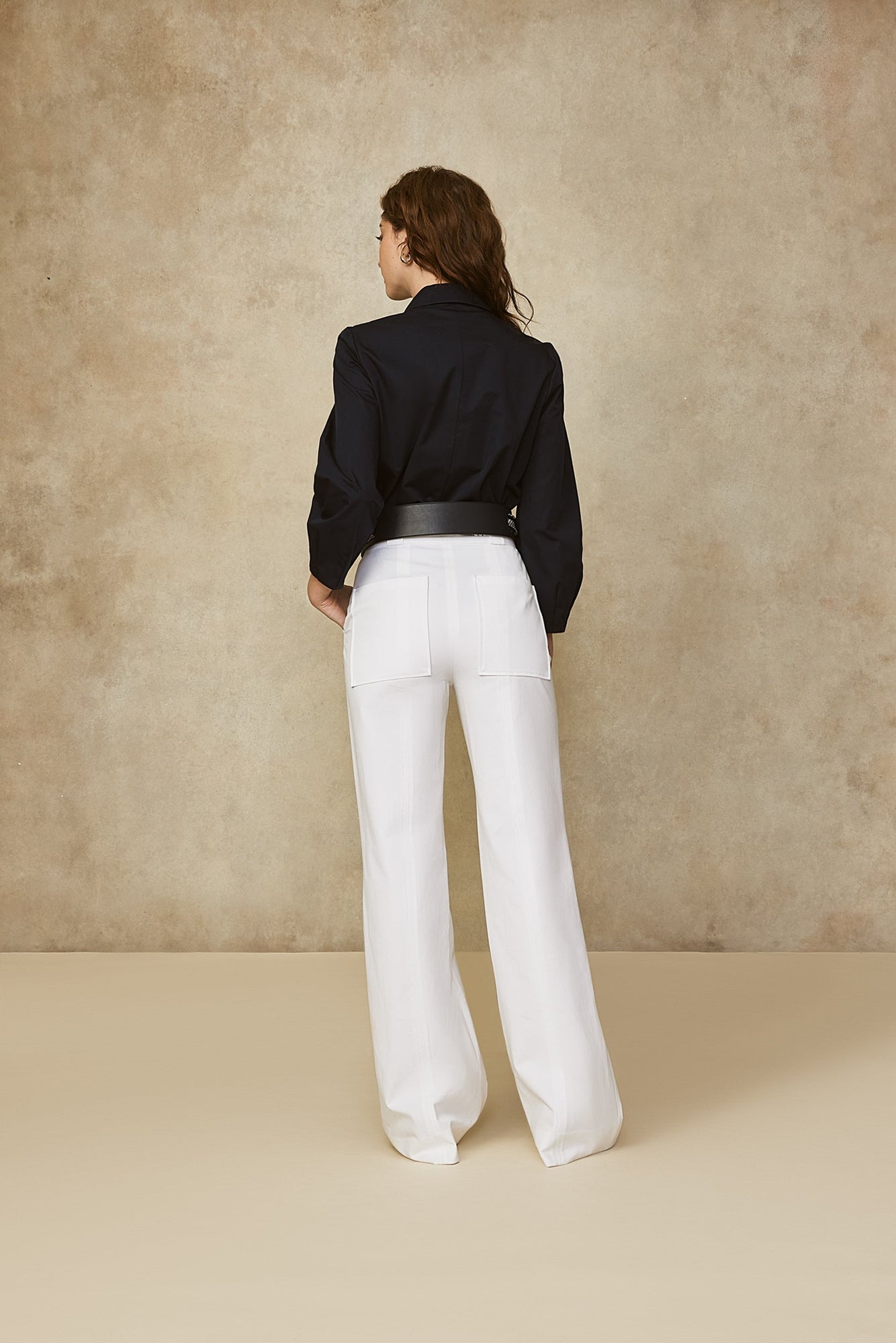 Coated Poplin Pleat Sleeve Top | Navy