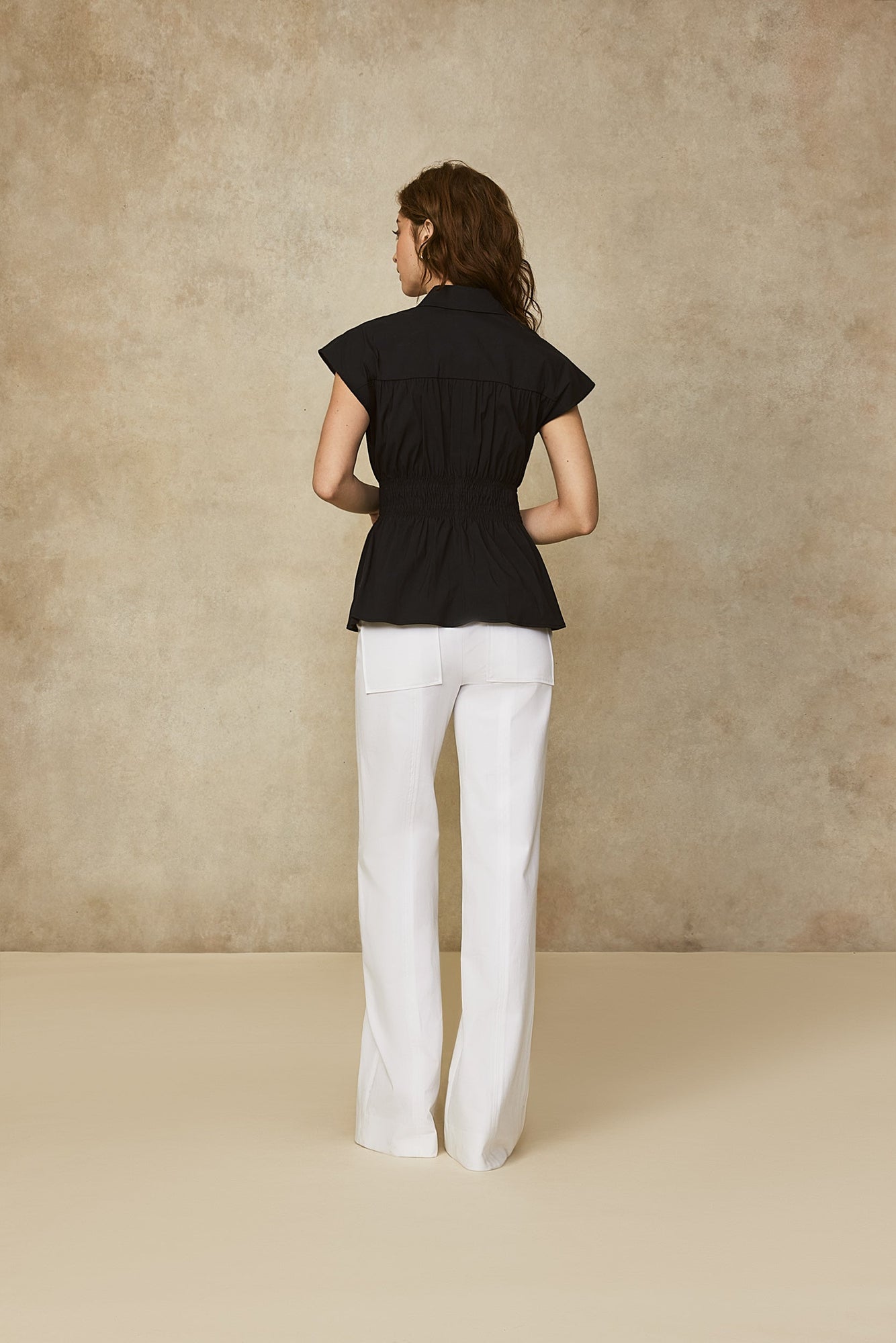 Cotton Poplin Shirred Waist Top | Navy