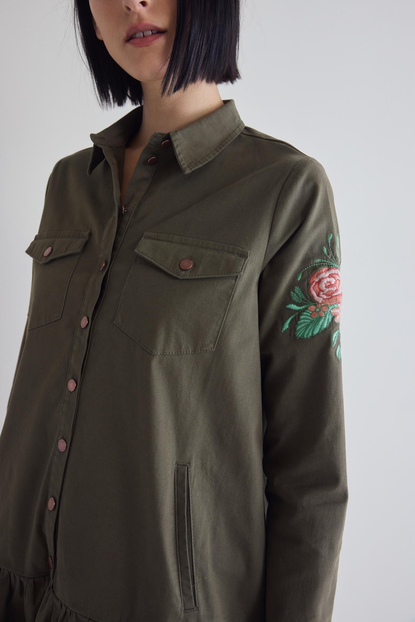 Coming Up Roses Twill Dress | Utility Green