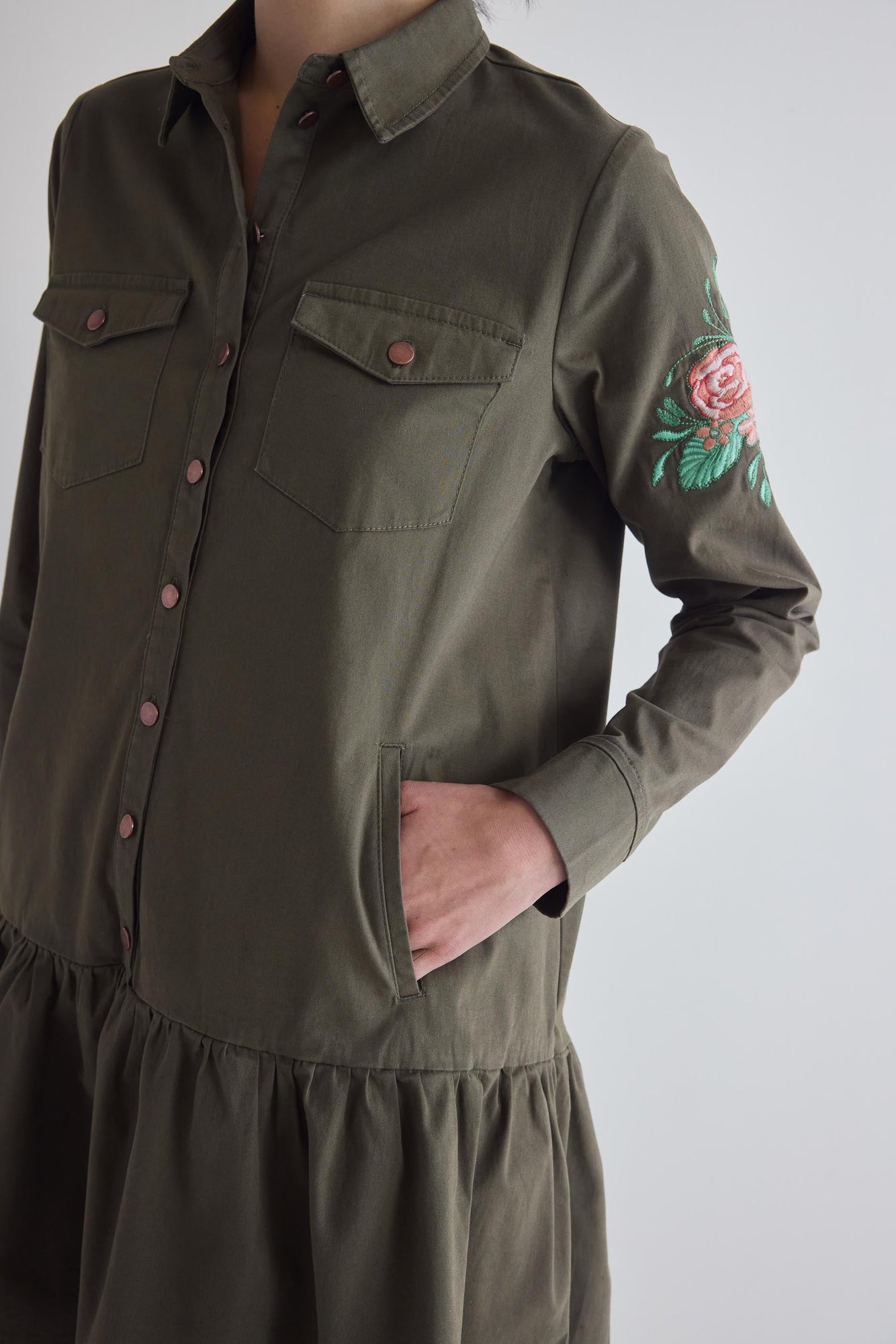 Coming Up Roses Twill Dress | Utility Green