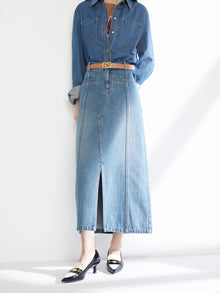 Split Cotton Midi Skirt | Blue