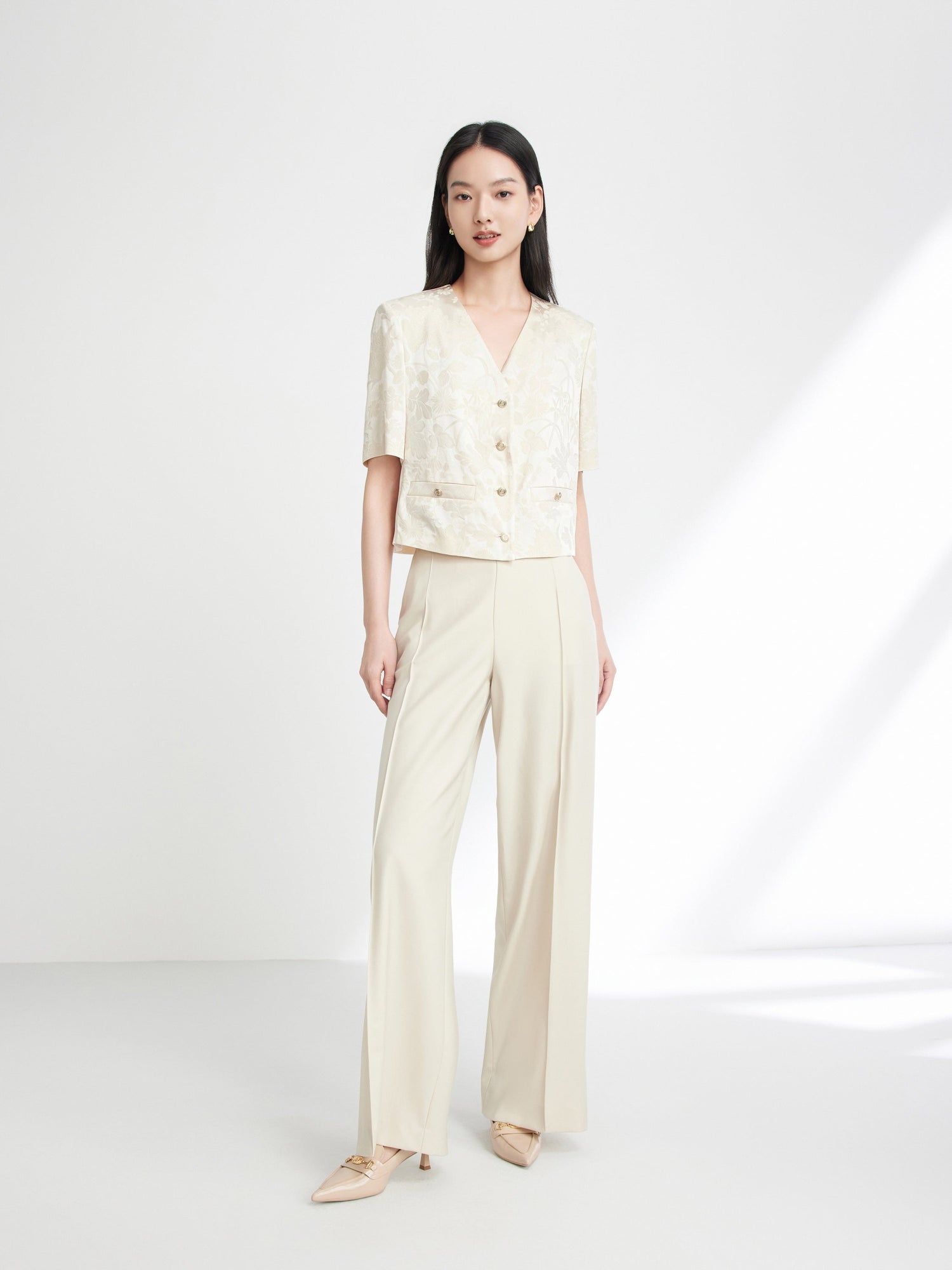 Jacquard Pattern Silk-Blend Top | Beige