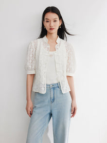 Cotton Lace Openwork Stand Collar Top | White