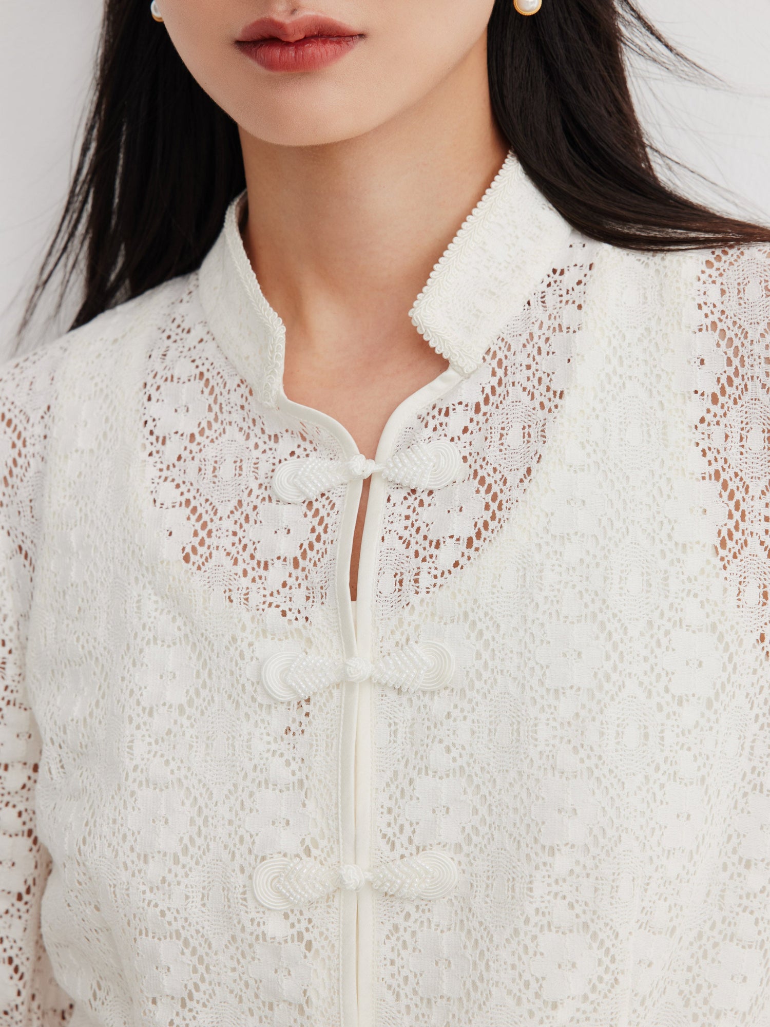 Cotton Lace Openwork Stand Collar Top | White