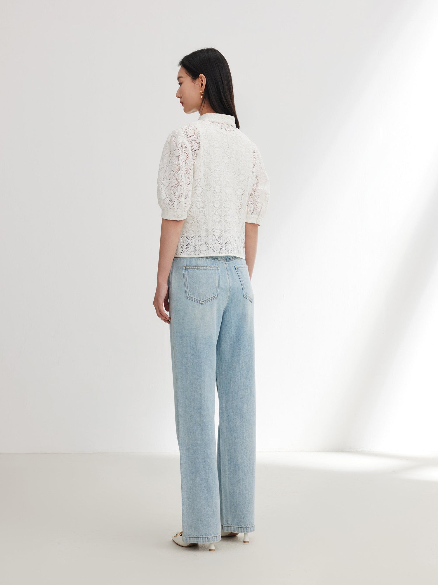 Cotton Lace Openwork Stand Collar Top | White