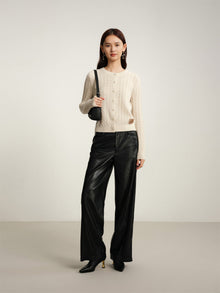 Twisted Cable Knit Round Neck Cardigan | Beige