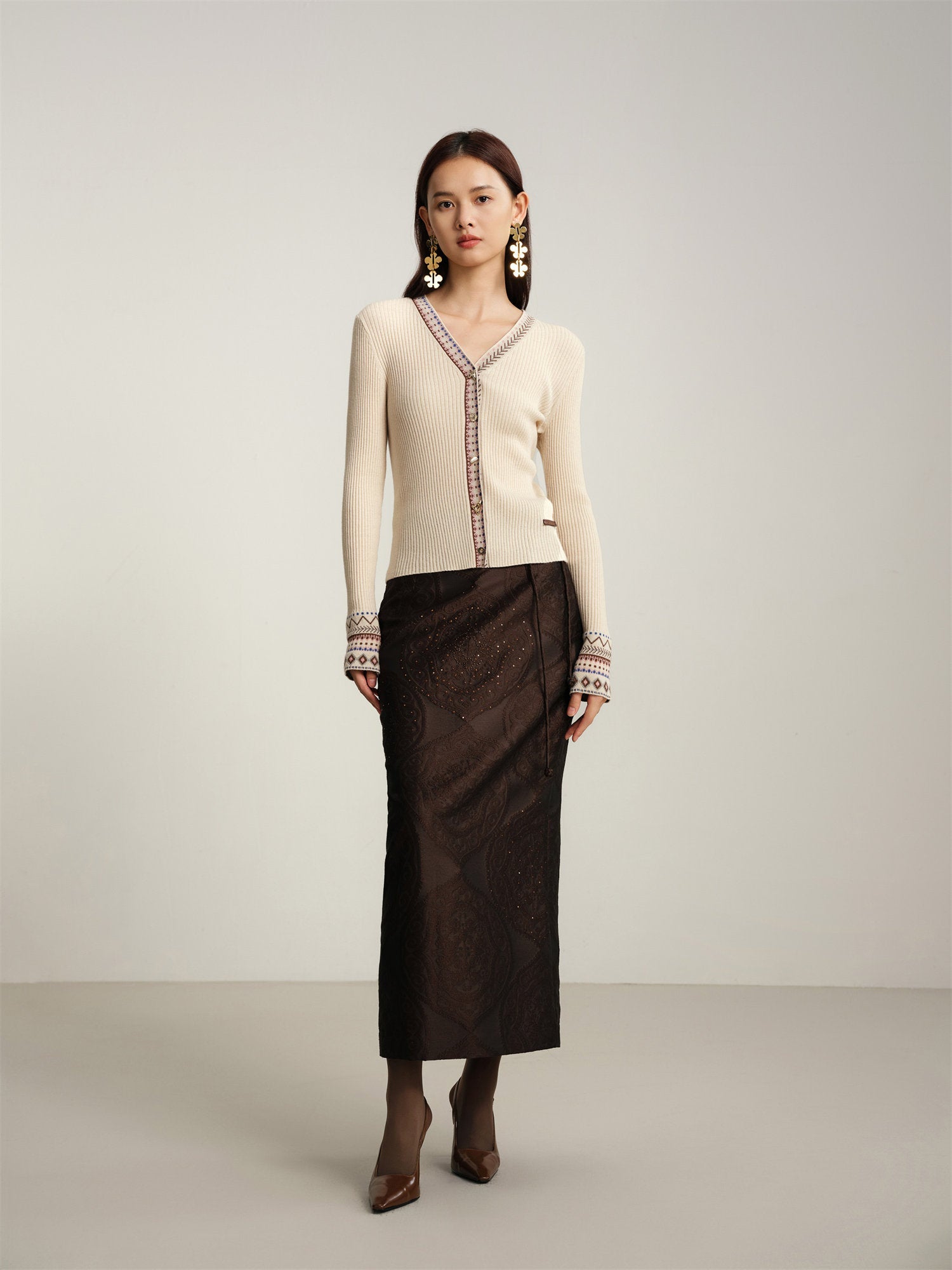 Yak Wool Ethnic-Style Jacquard Cardigan | Beige