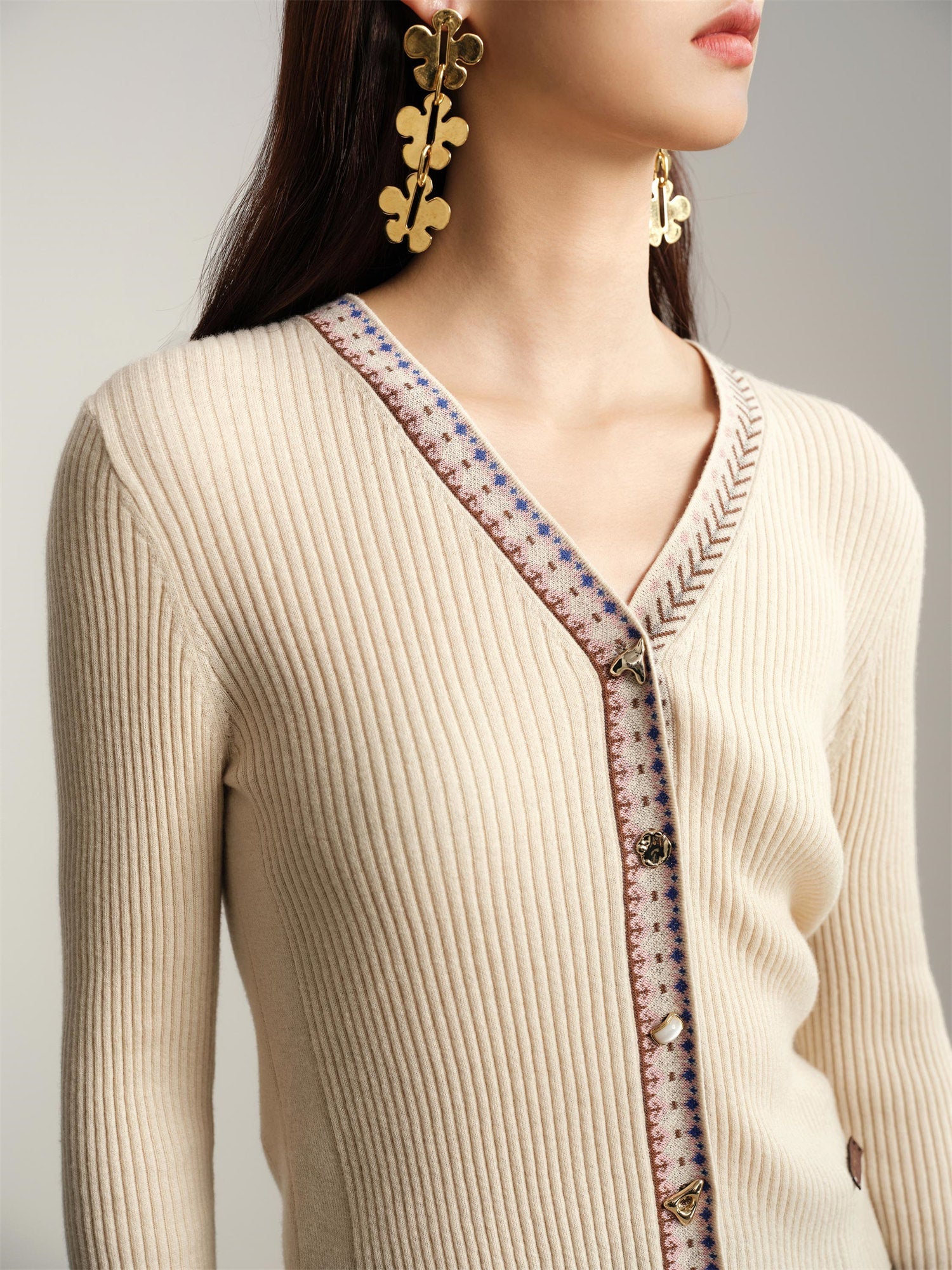 Yak Wool Ethnic-Style Jacquard Cardigan | Beige