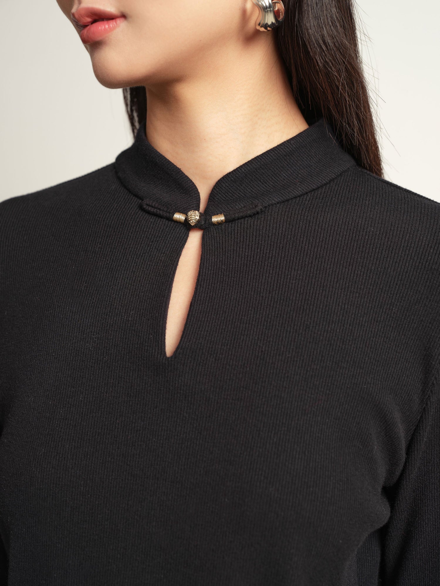 Mandarin Collar Long-Sleeve Top | Black