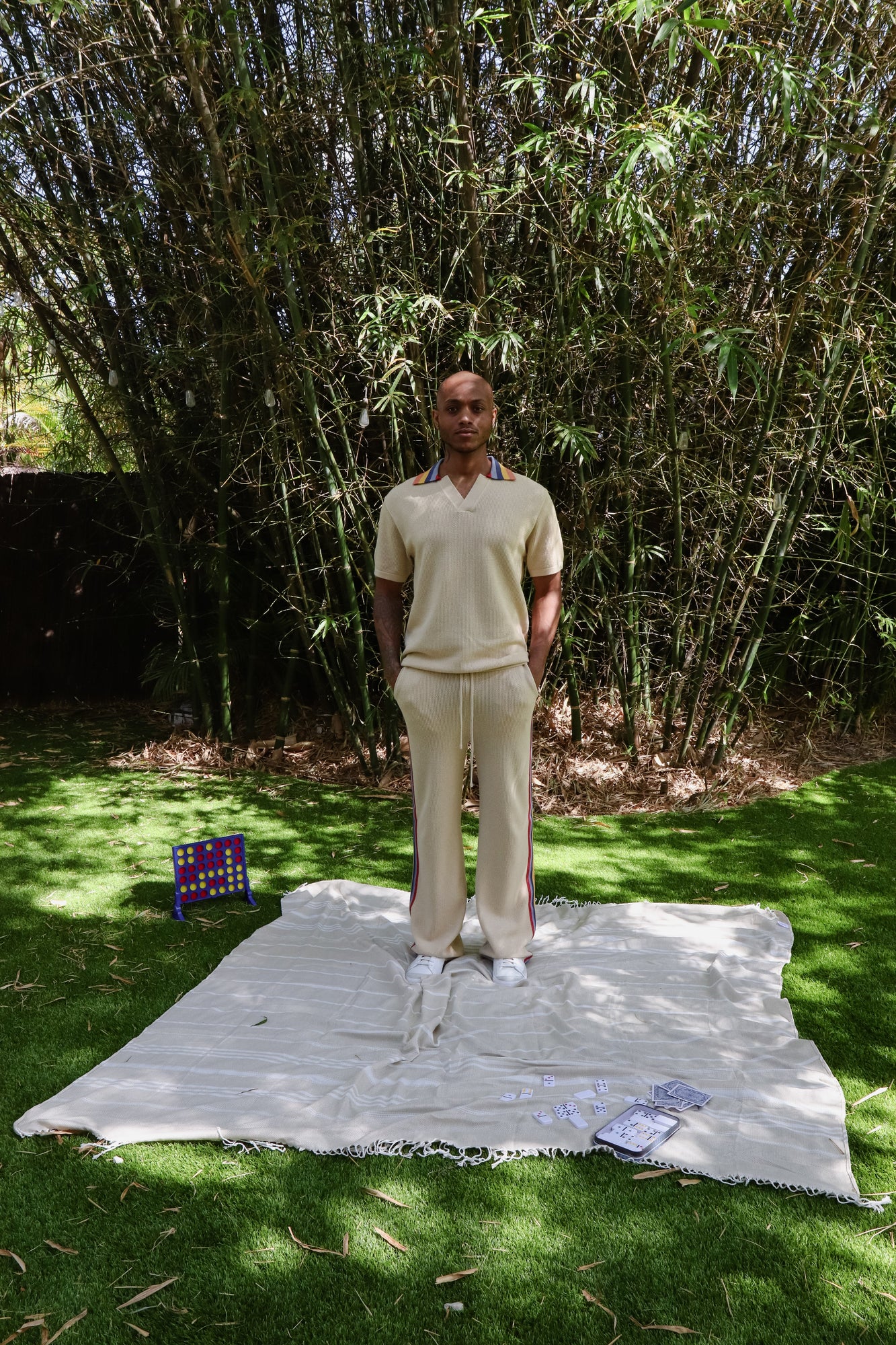 Striped Knit Polo | Beige