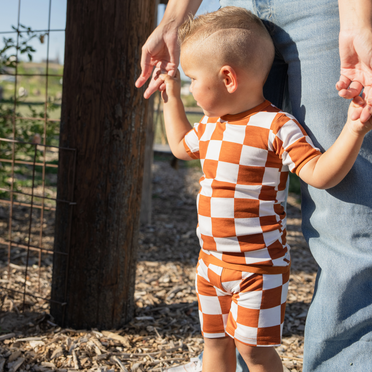 Toddler | Short-Sleeve Bamboo Pajamas | Rust Checkerboard
