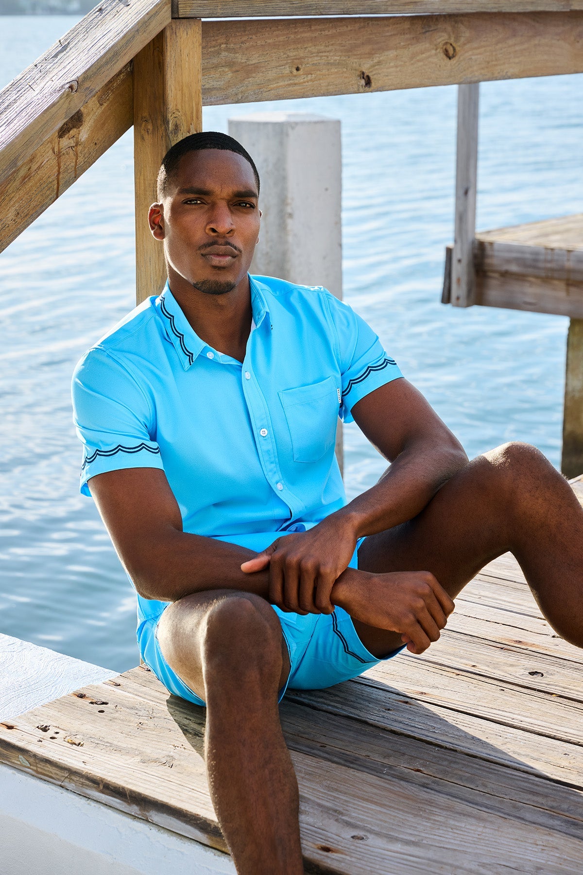 Blue Wavy Stitch Swim Short | Blue