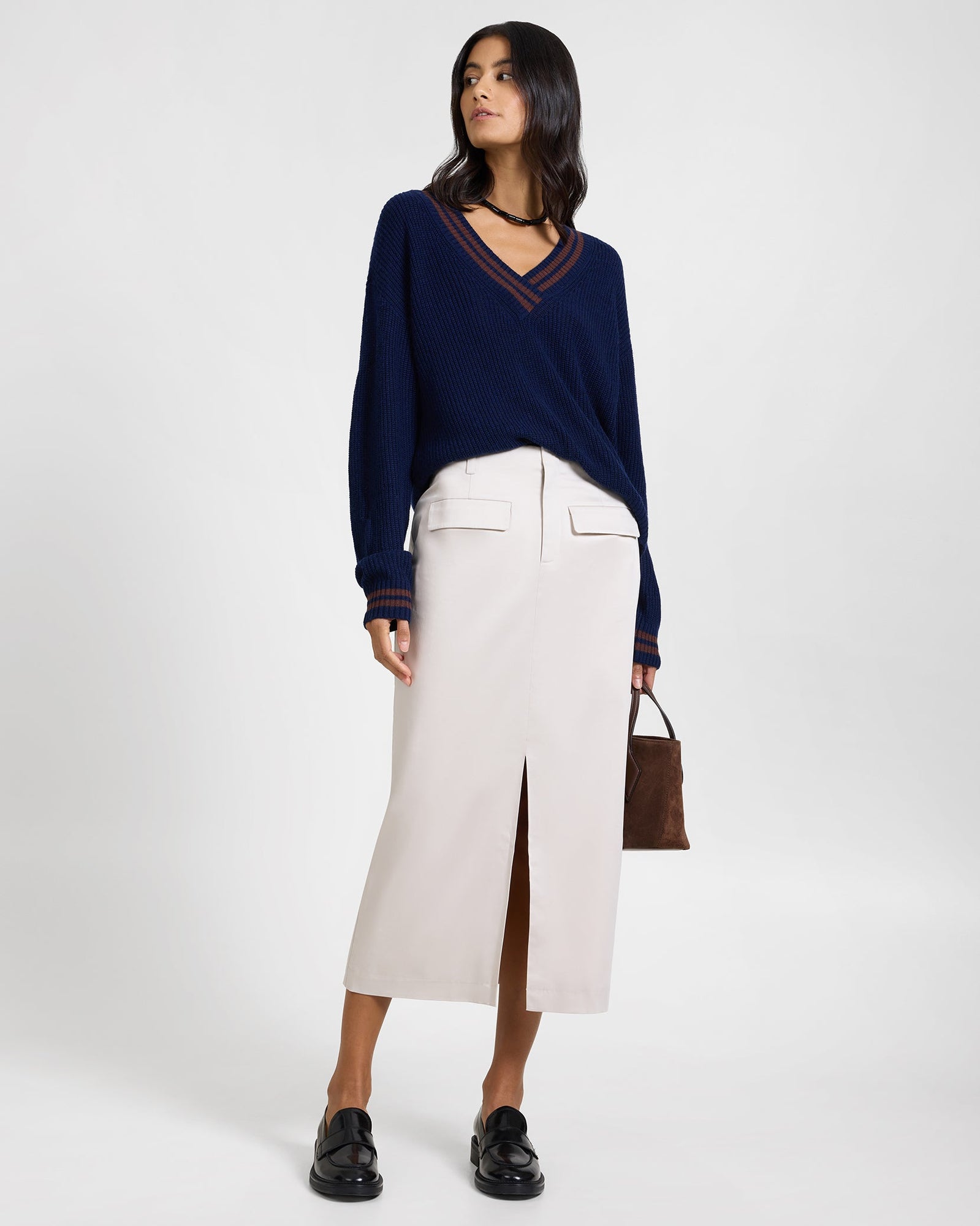 Womens | Deep V-neck Varsity Pullover Sweater | Noir Navy/Chestnut