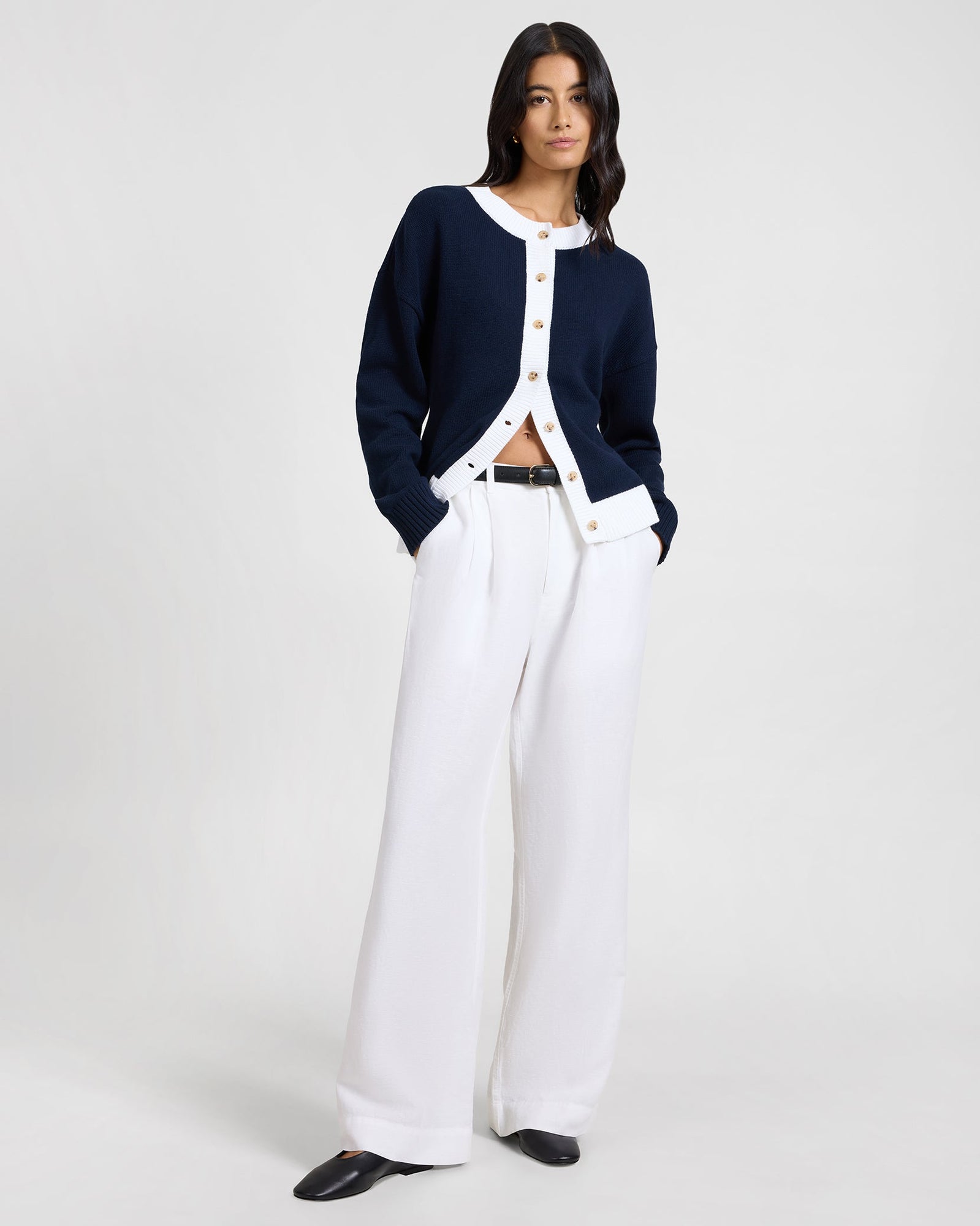 Womens | Cotton Fitted Cardigan | Noir Navy/White
