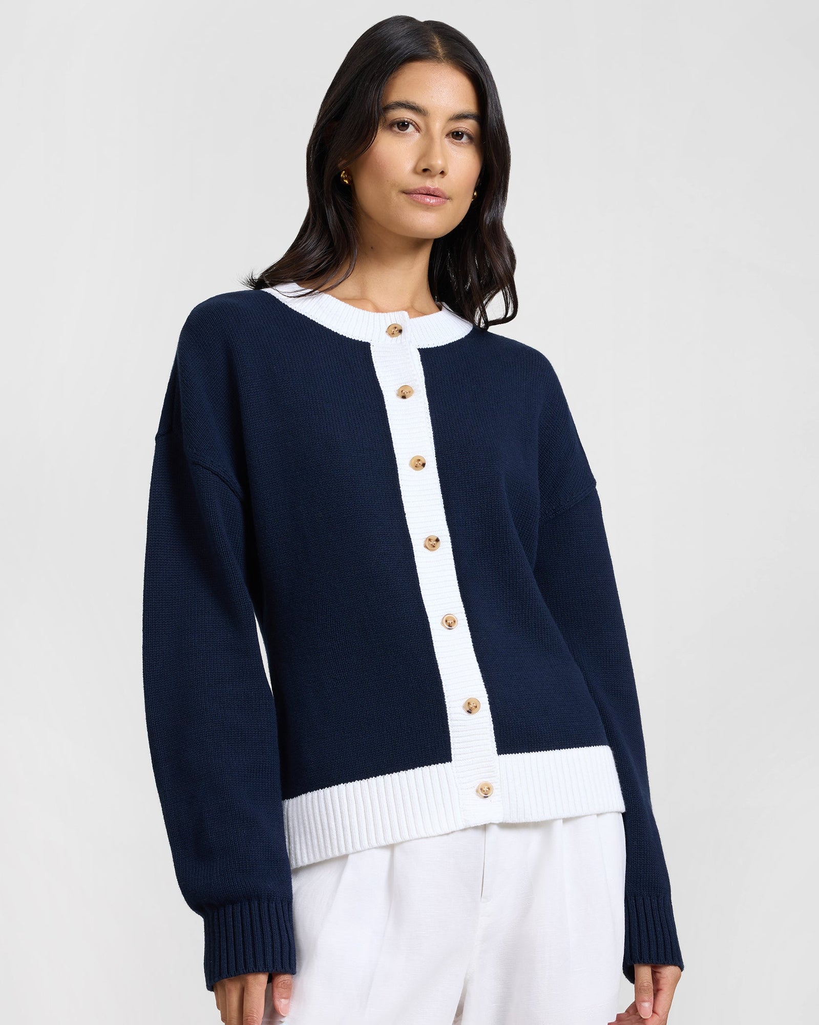 Womens | Cotton Fitted Cardigan | Noir Navy/White