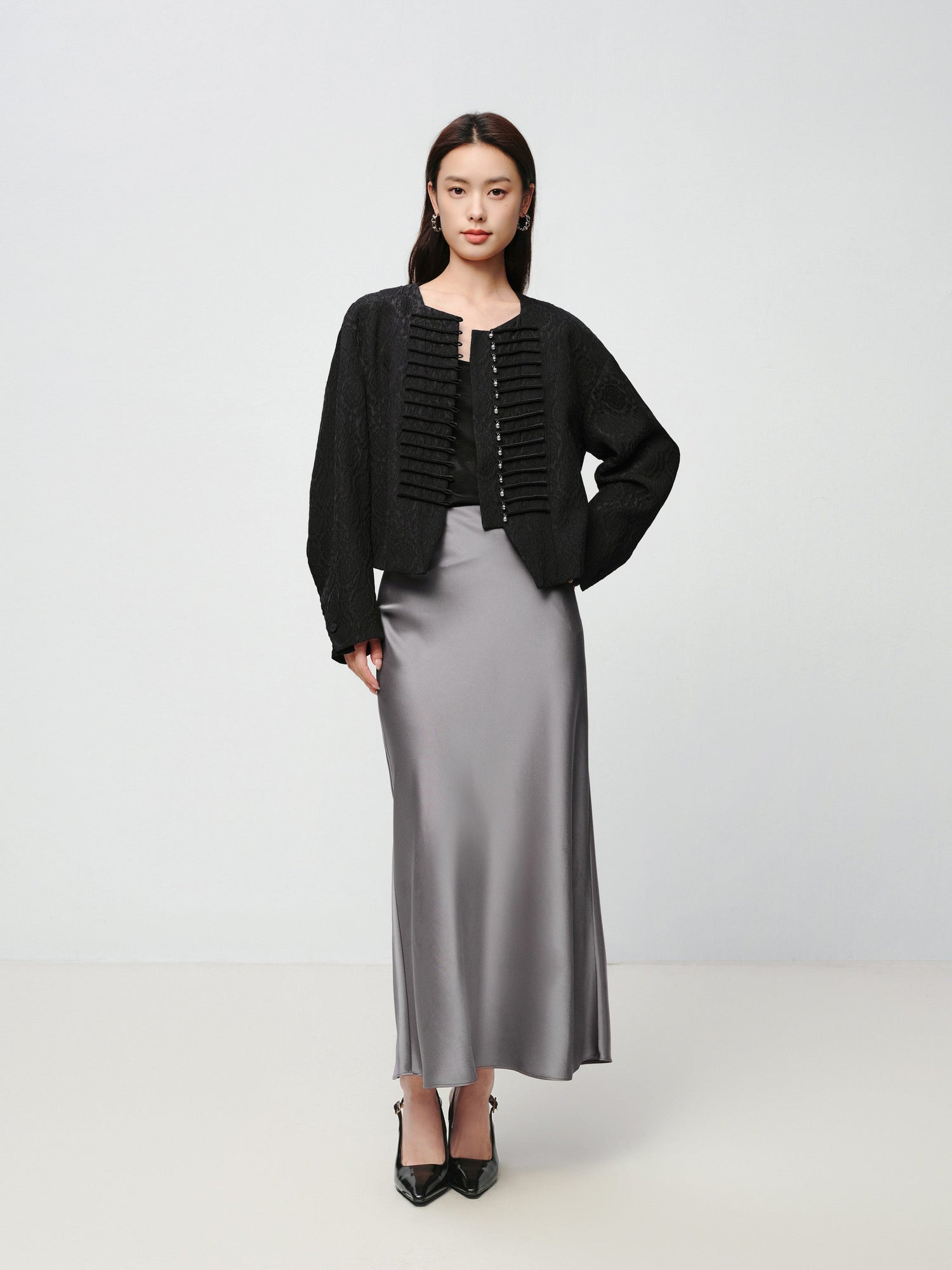 Mulberry Silk Wool Jacquard Frog Button Jacket | Black