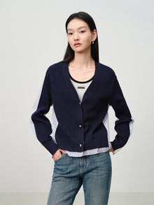 Knitted and Woven Patchwork Top | Navy