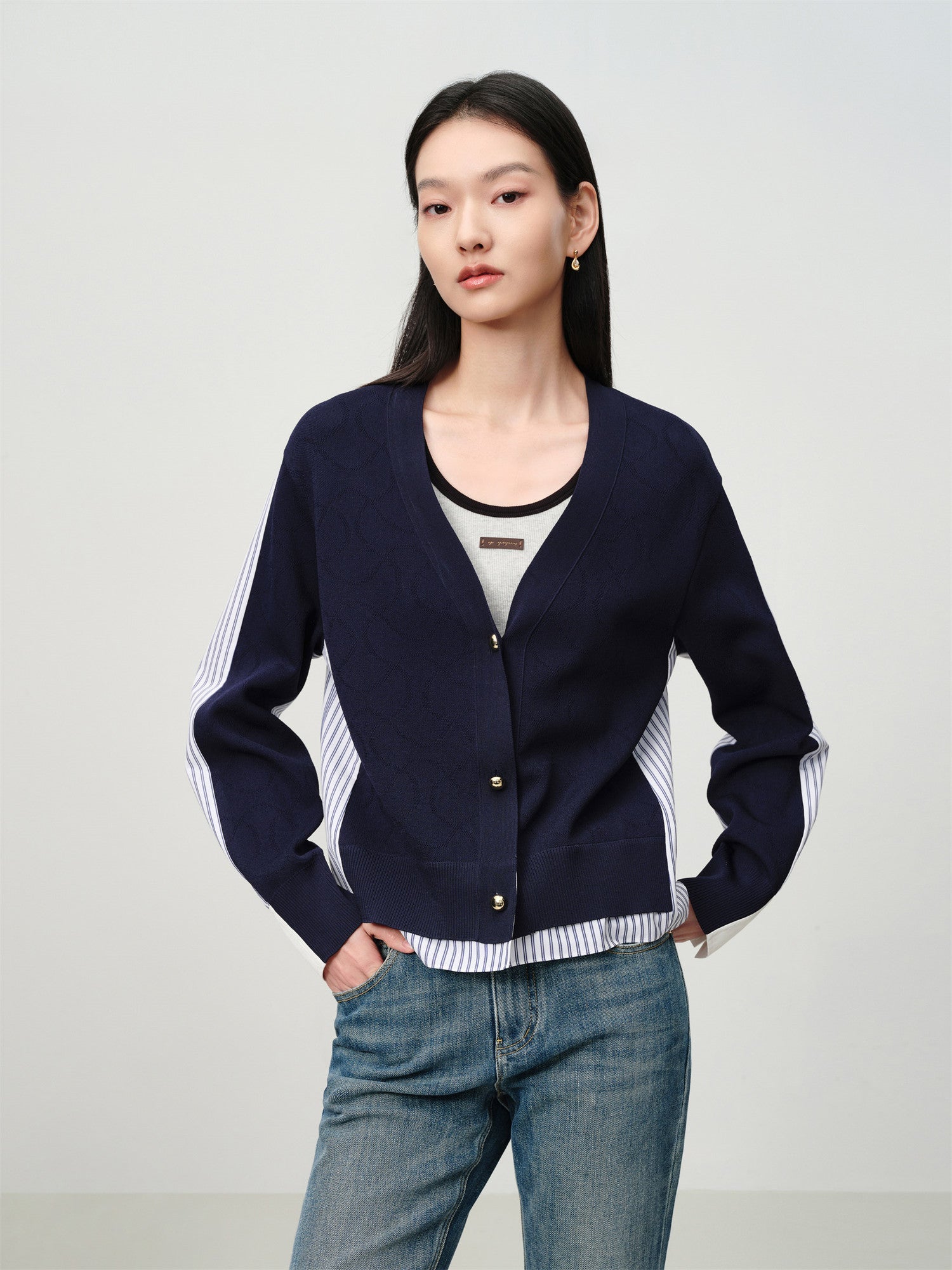 Knitted and Woven Patchwork Top | Navy