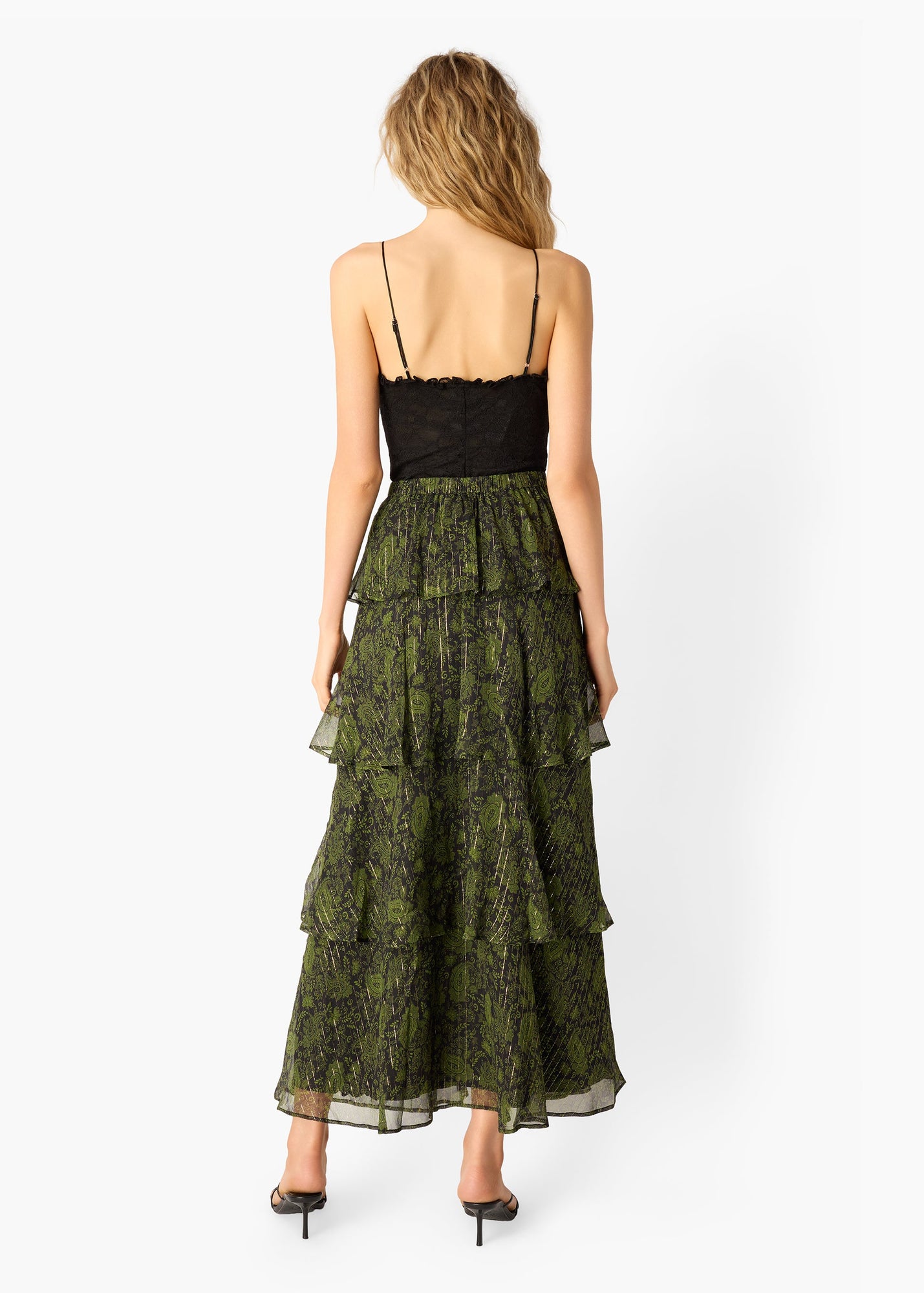 Gaia Metallic Chiffon Tiered Maxi Skirt | Forest Paisley