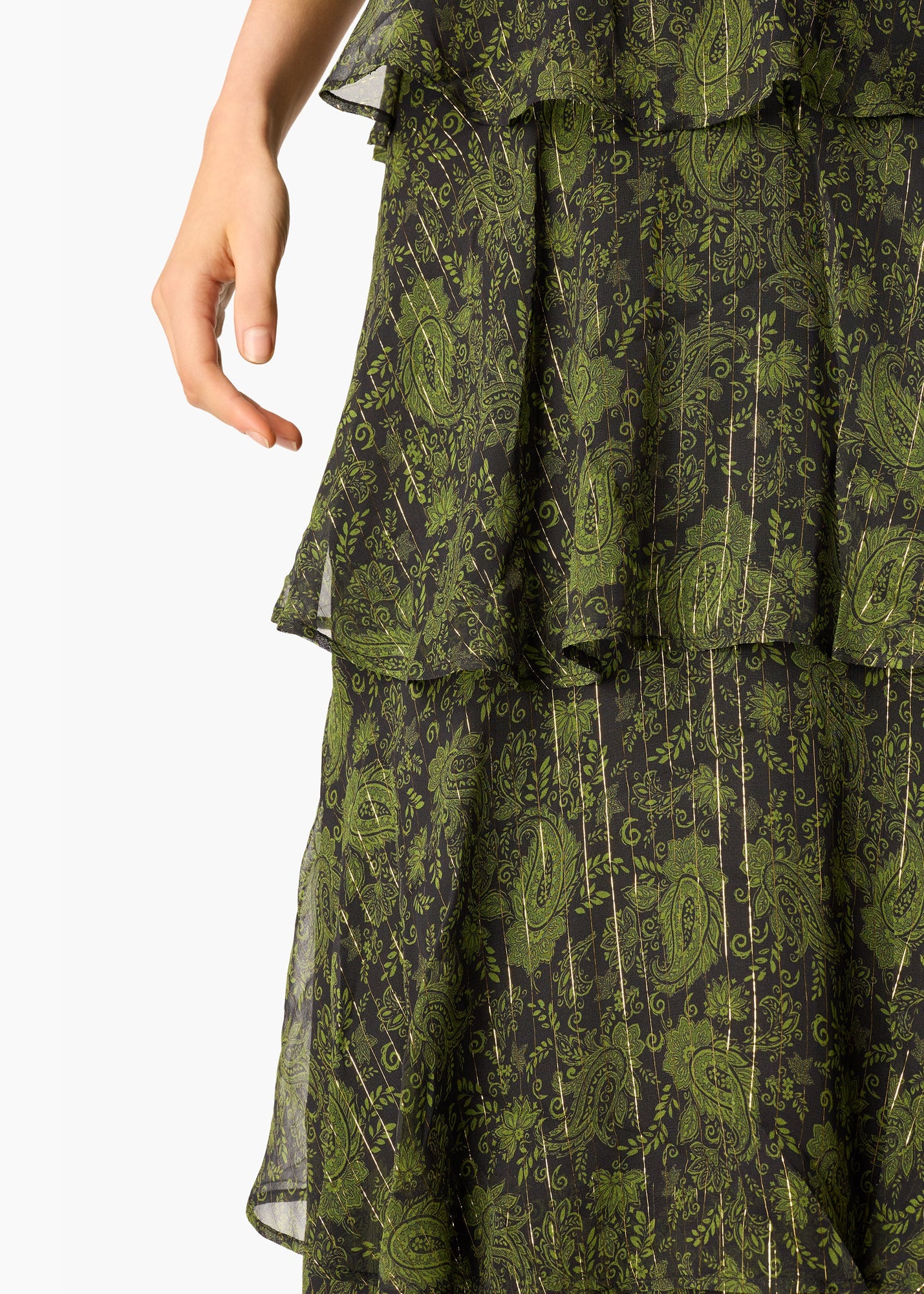 Gaia Metallic Chiffon Tiered Maxi Skirt | Forest Paisley