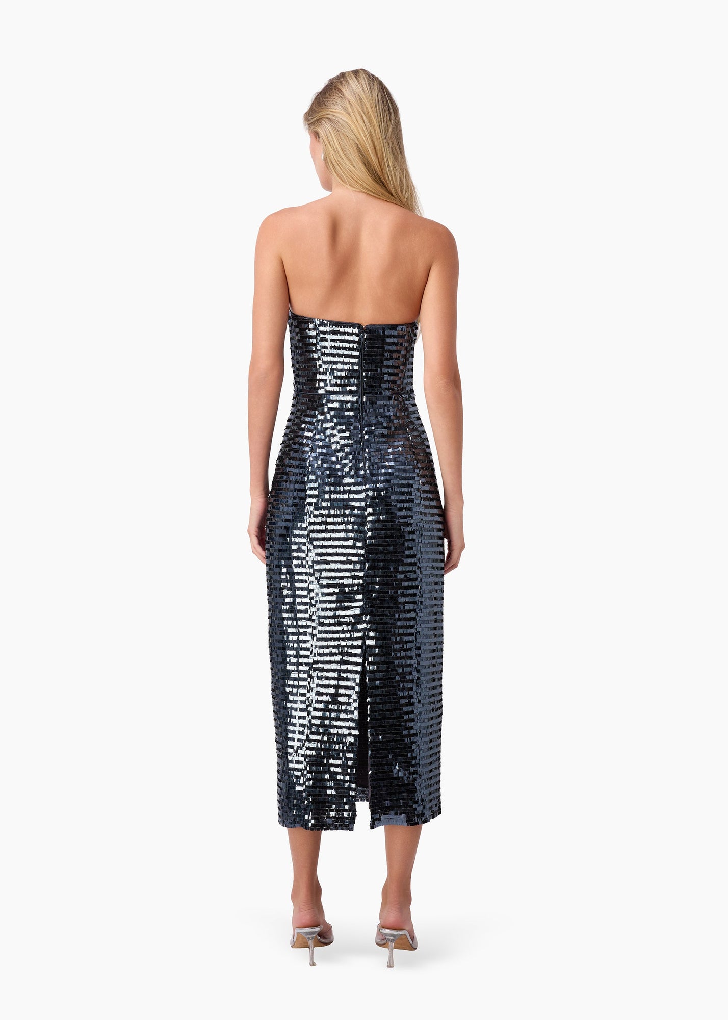 strapless sequin midi dress Cami NYC | Circe Frances Valentine Lucia Wrap casual occasionwear and a back vent Color:Green Jade