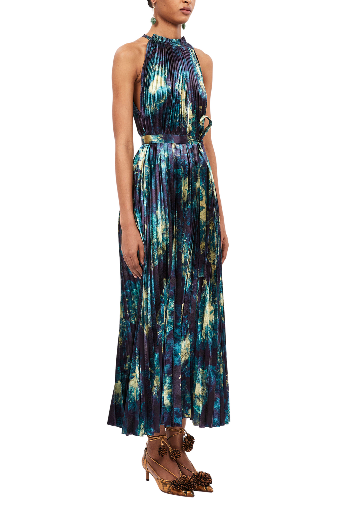 ULLA JOHNSON Amiko Print Halter Pleated Dress