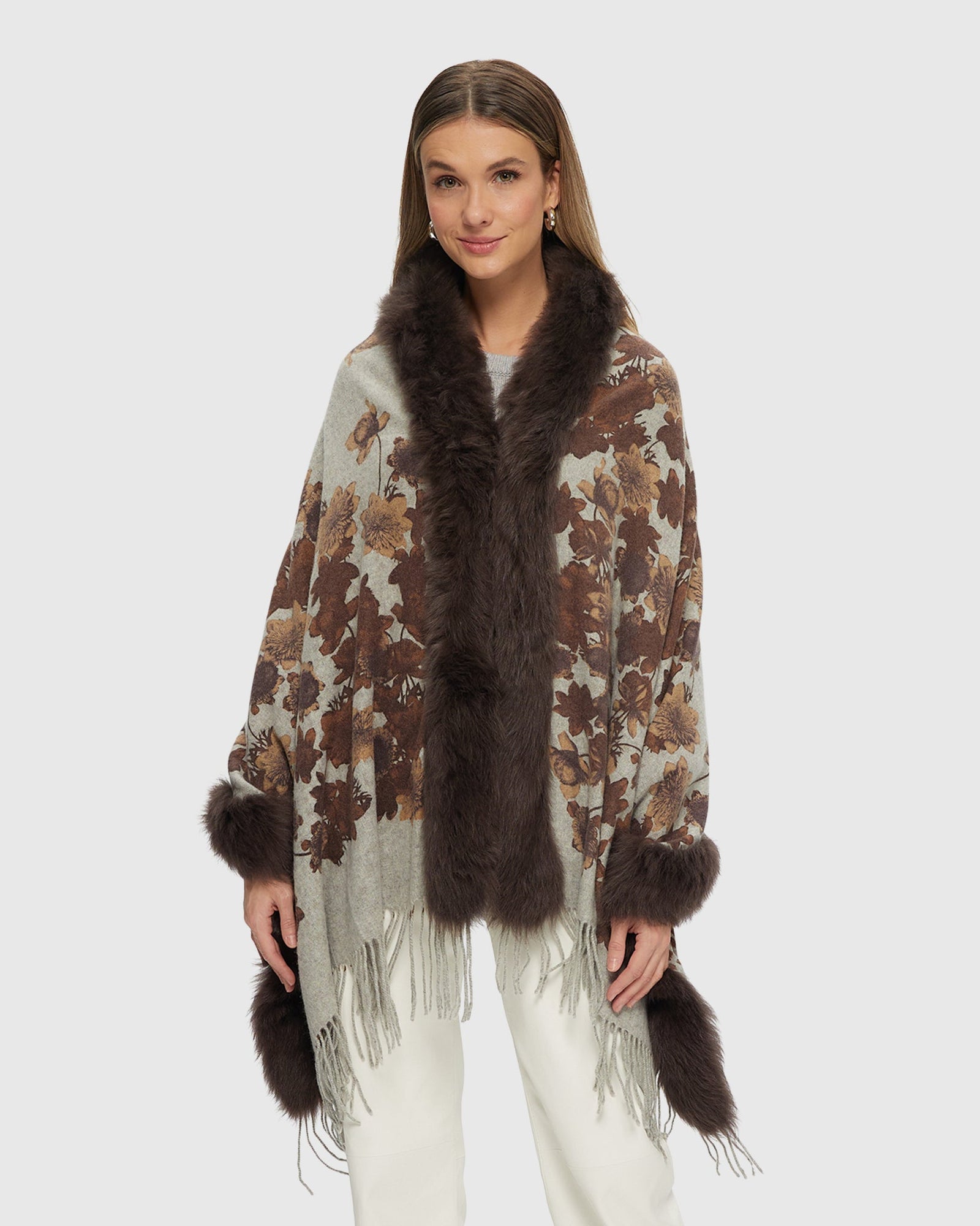 Double Face Select Cashmere Stole with Toscana Shearling Lamb Trim | Brown Print/Animal Print (V1)