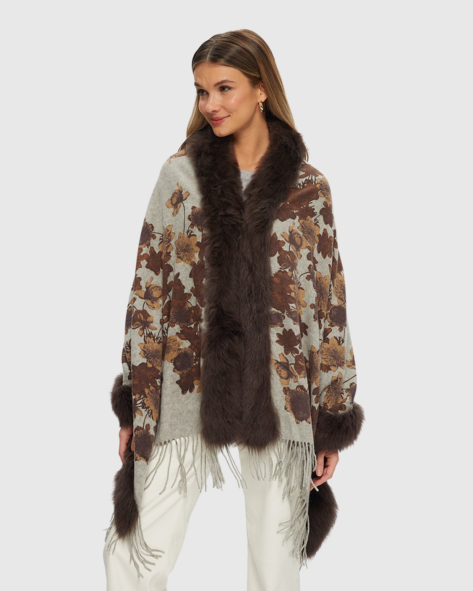Double Face Select Cashmere Stole with Toscana Shearling Lamb Trim | Brown Print/Animal Print (V1)