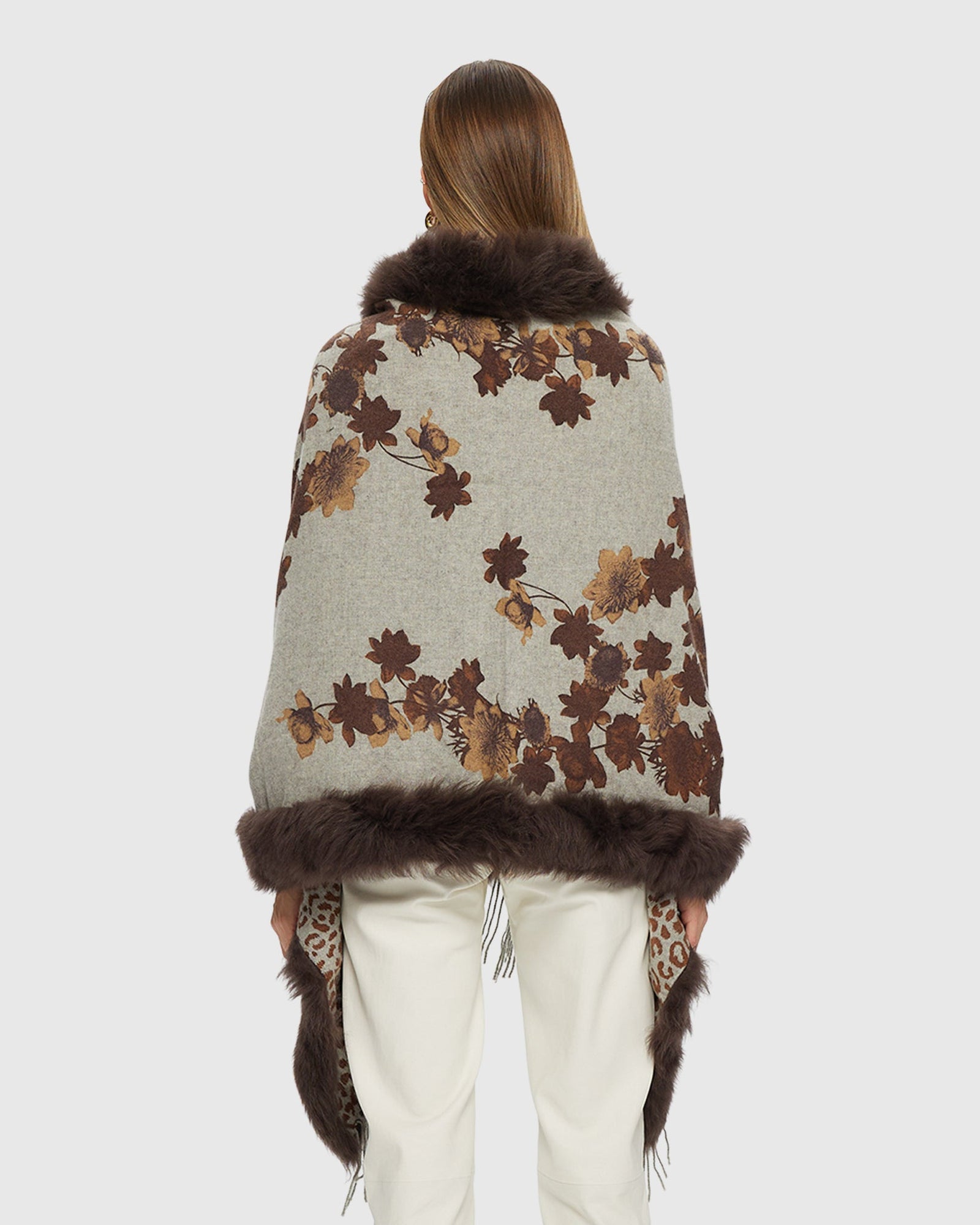 Double Face Select Cashmere Stole with Toscana Shearling Lamb Trim | Brown Print/Animal Print (V1)