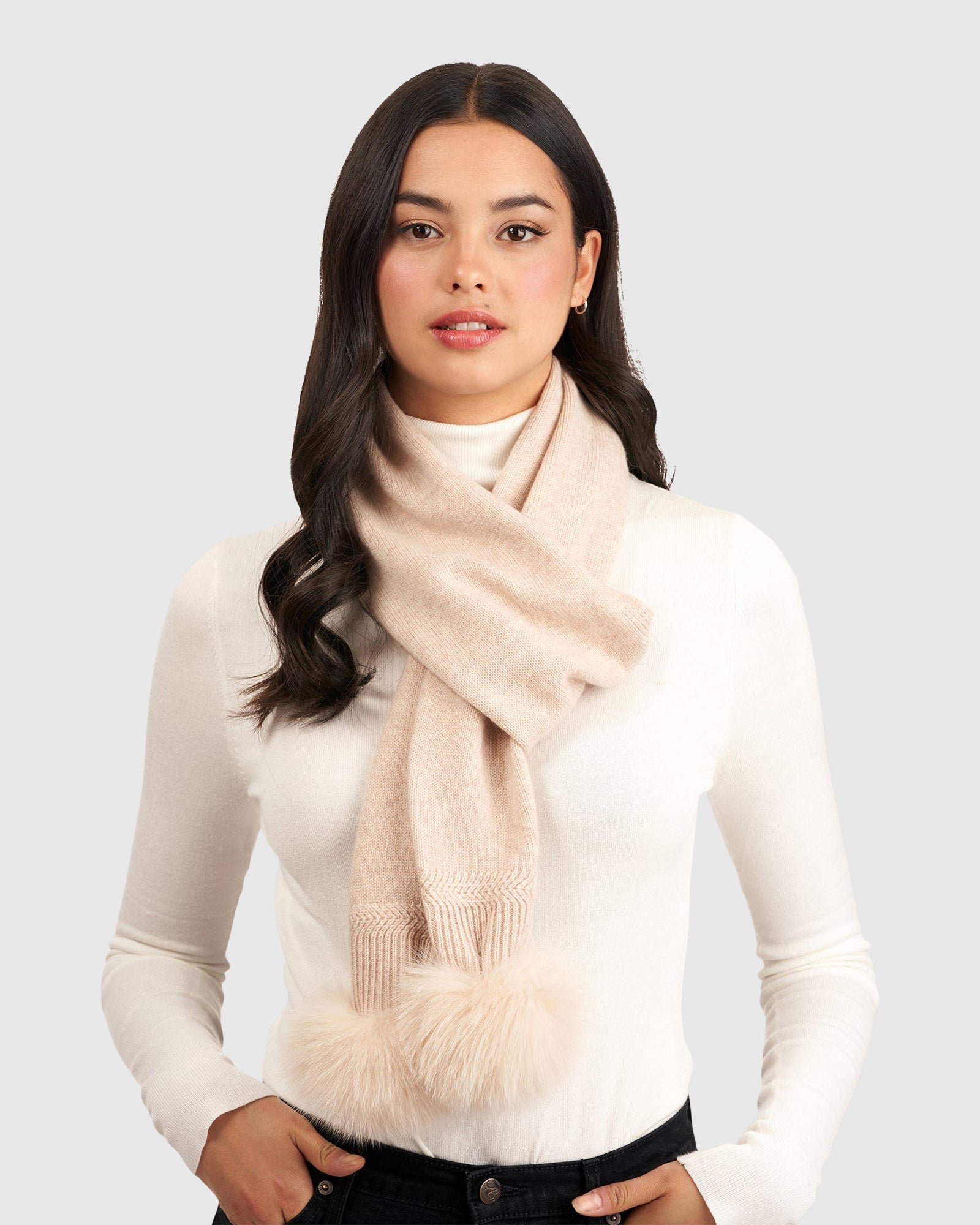 Knit Cashmere Scarf With Fox Pompom | Light Beige