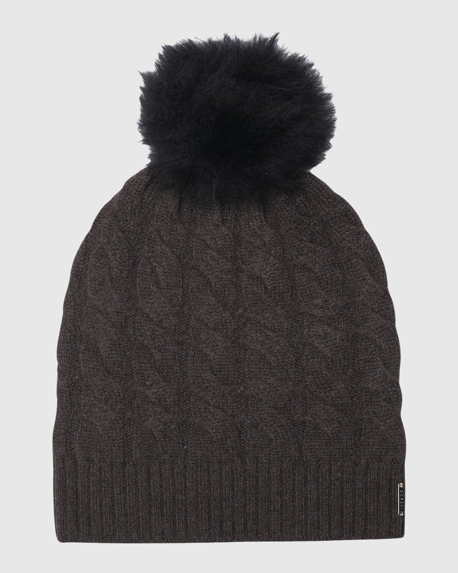 Cable Knit Select Cashmere Hat With Toscana Shearling Lamb Pompom | Brown/Black