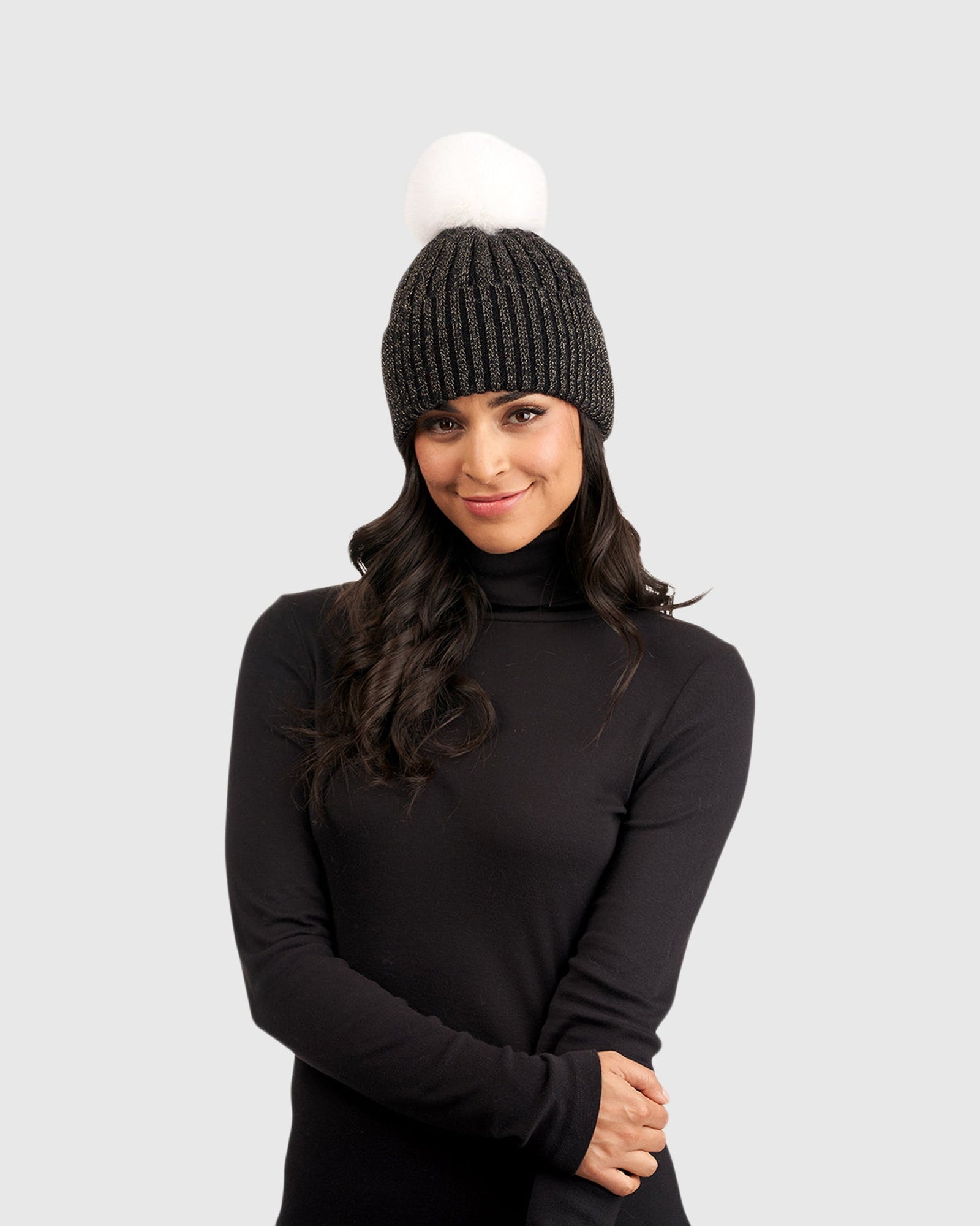 Metallic Wool Blend Hat With Fox Pompom | Black/White