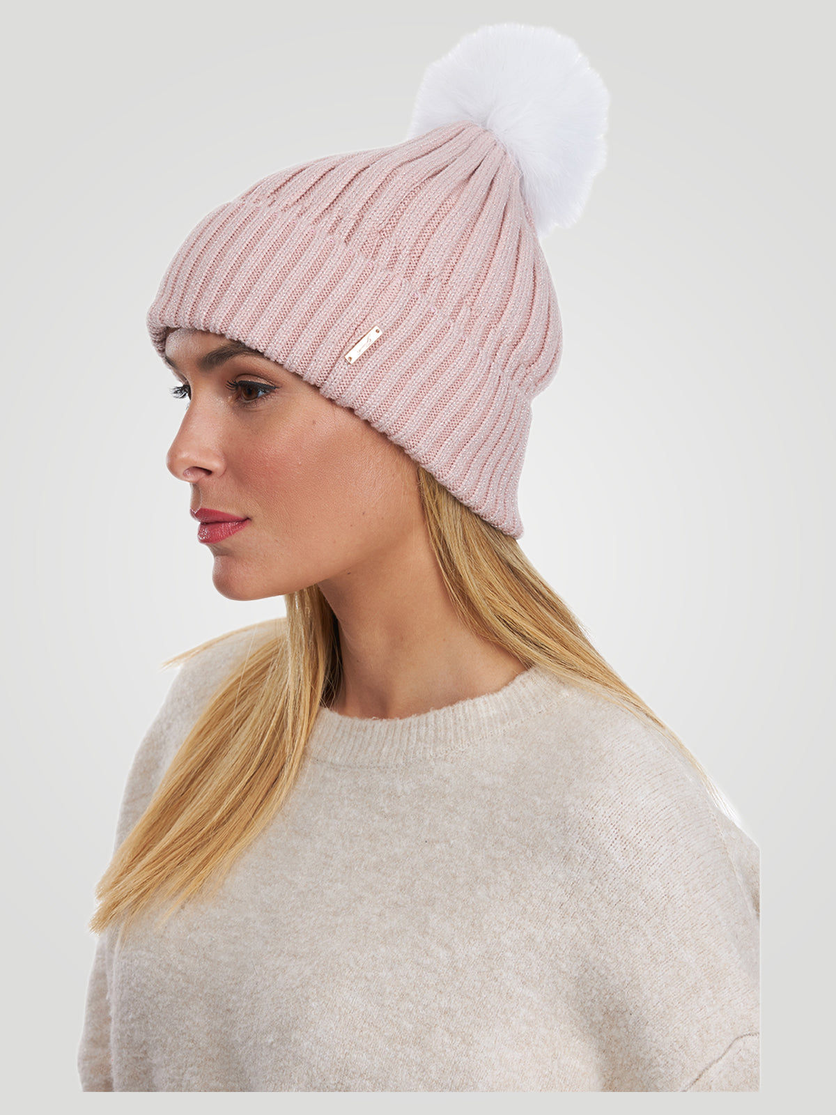 Metallic Wool Blend Hat With Fo Pompom | Women | Pink x White