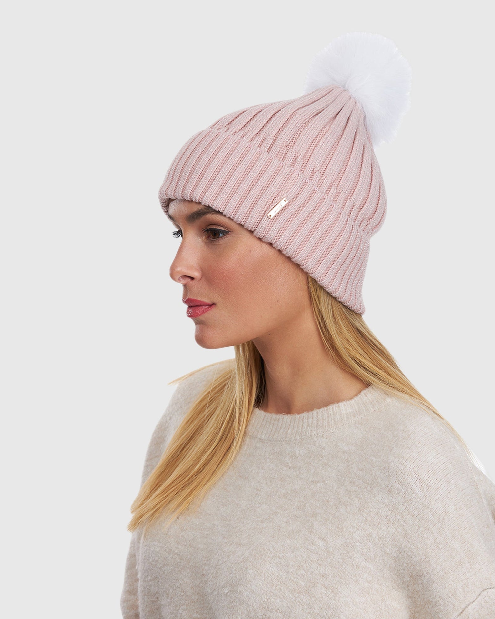 Metallic Wool Blend Hat With Fox Pompom | Pink/White