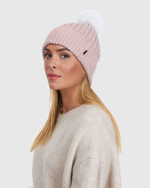 Metallic Wool Blend Hat With Fox Pompom | Pink/White
