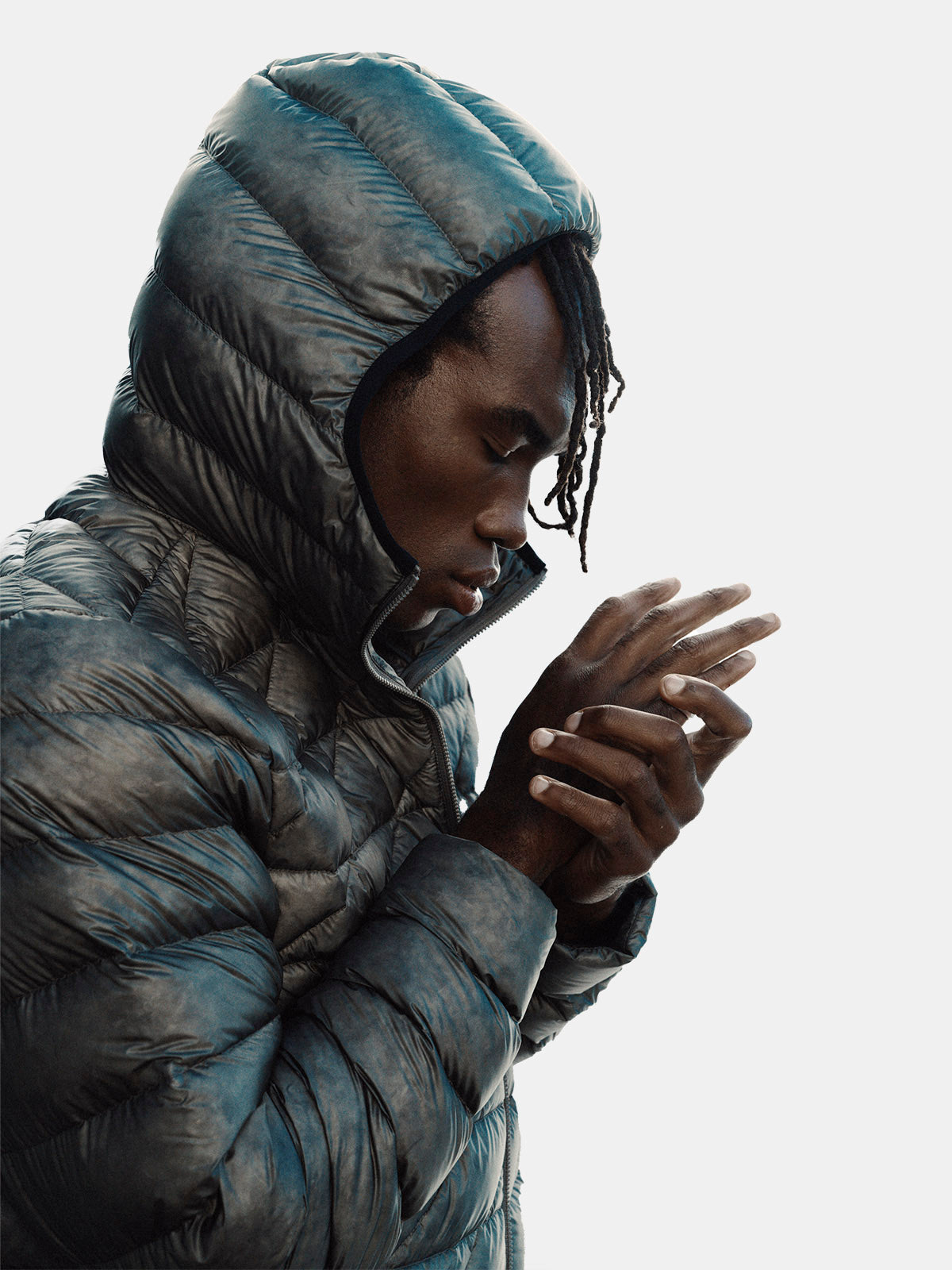 Man Packable Down Jacket - Morel - side - hood up