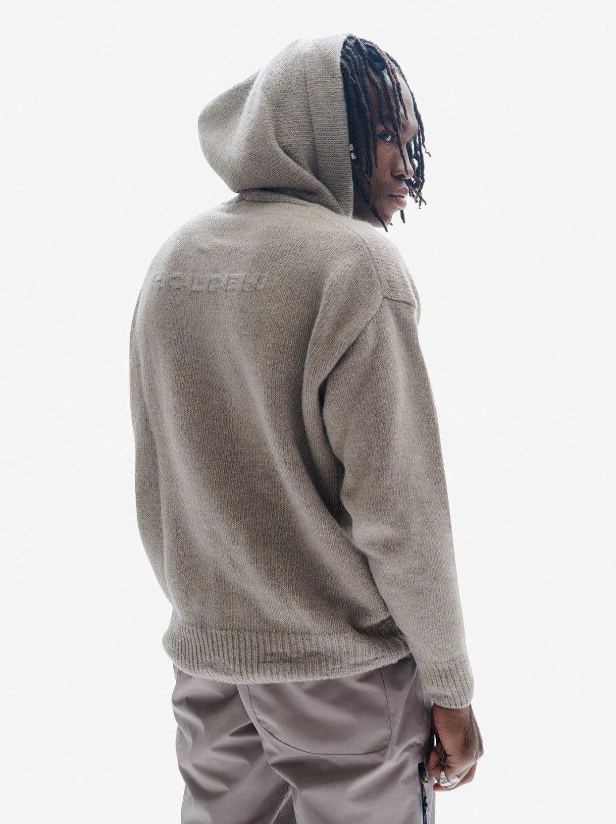 Man WOOL KNIT HOODIE - Heather Gray -back