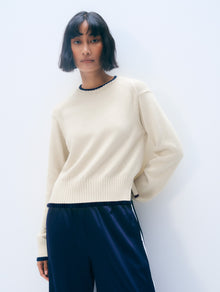 Varsity Cotton Crewneck | Ivory/Navy