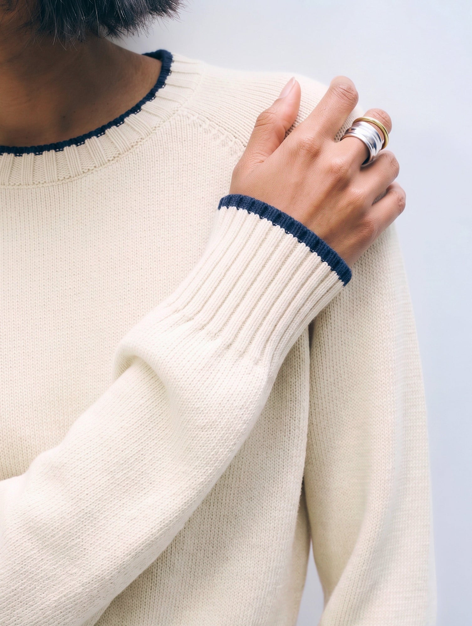 Varsity Cotton Crewneck | Ivory/Navy