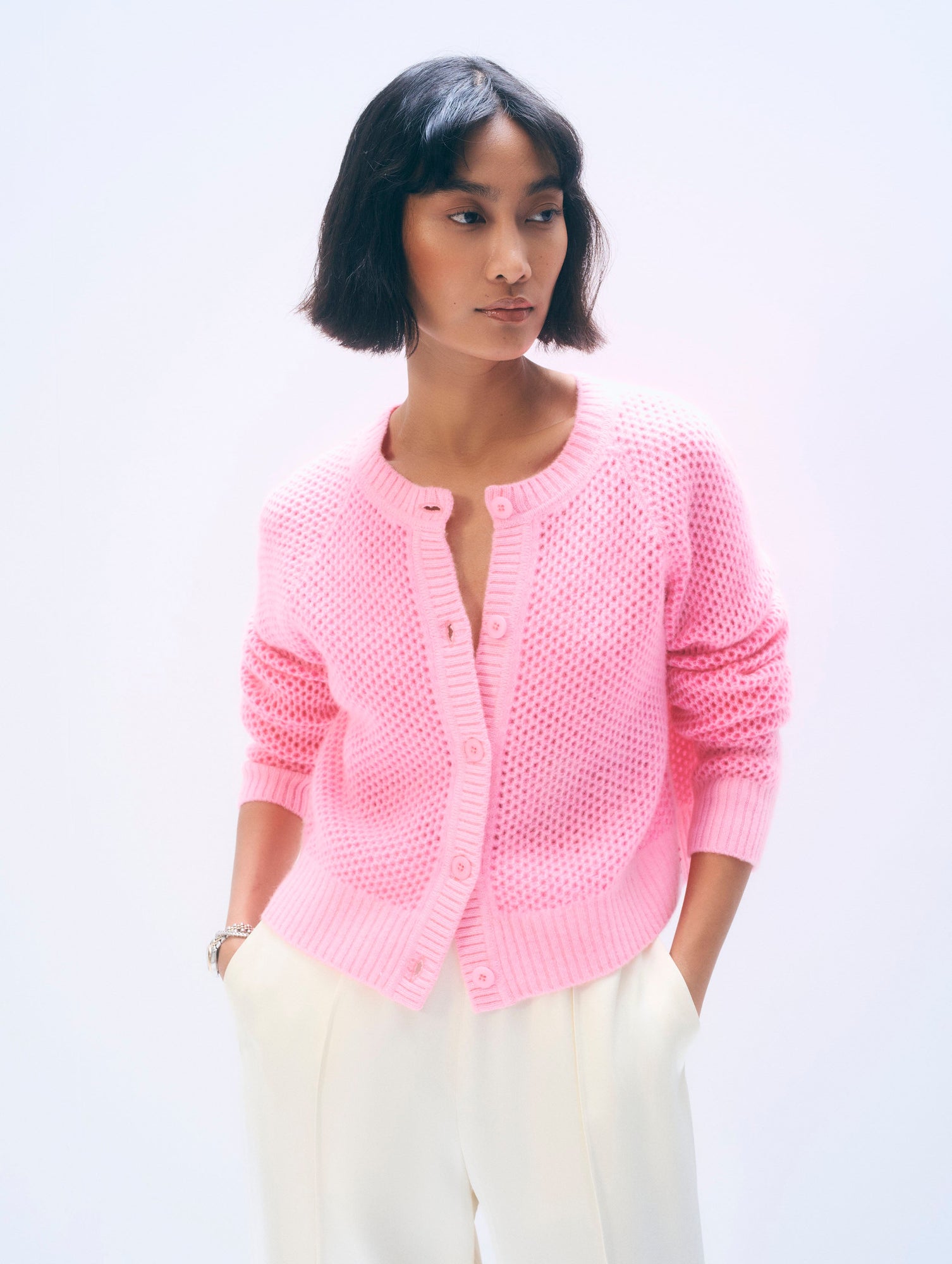 Cashmere Mesh Cardigan | Pink Buds/Dayglow
