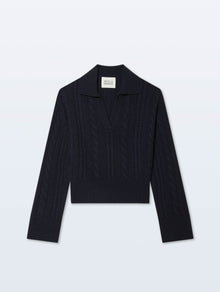 Cashmere Cable Long Sleeve Polo | Deep Navy