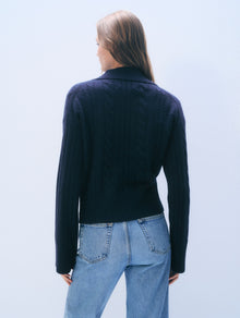 Cashmere Cable Long Sleeve Polo | Deep Navy