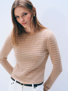 Cashmere Striped Pointelle Top | Muted Camel