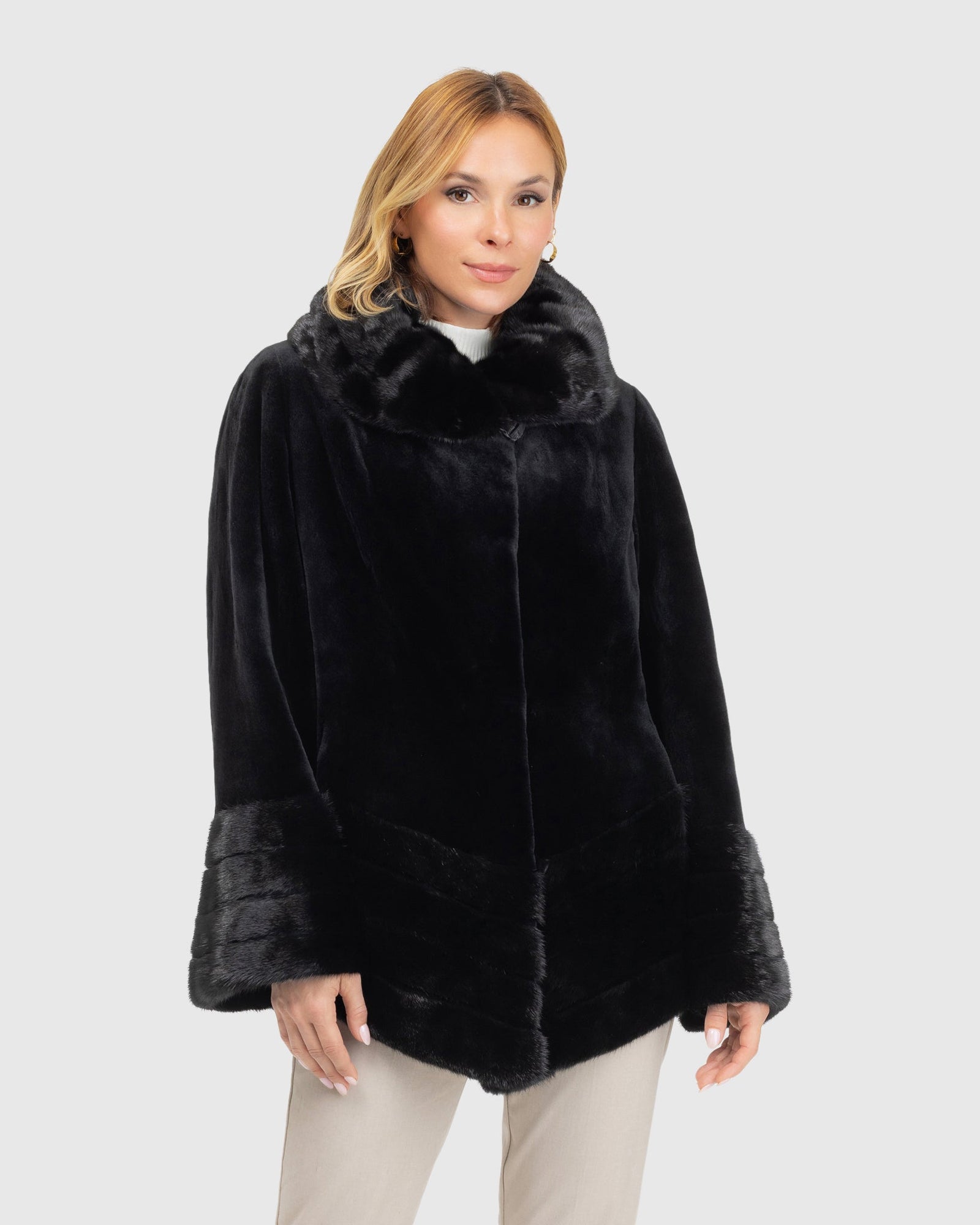 Sheared Mink Jacket, Reversible To Taffeta, Long Hair Mink Collar, Cuffs And Bottom | Black
