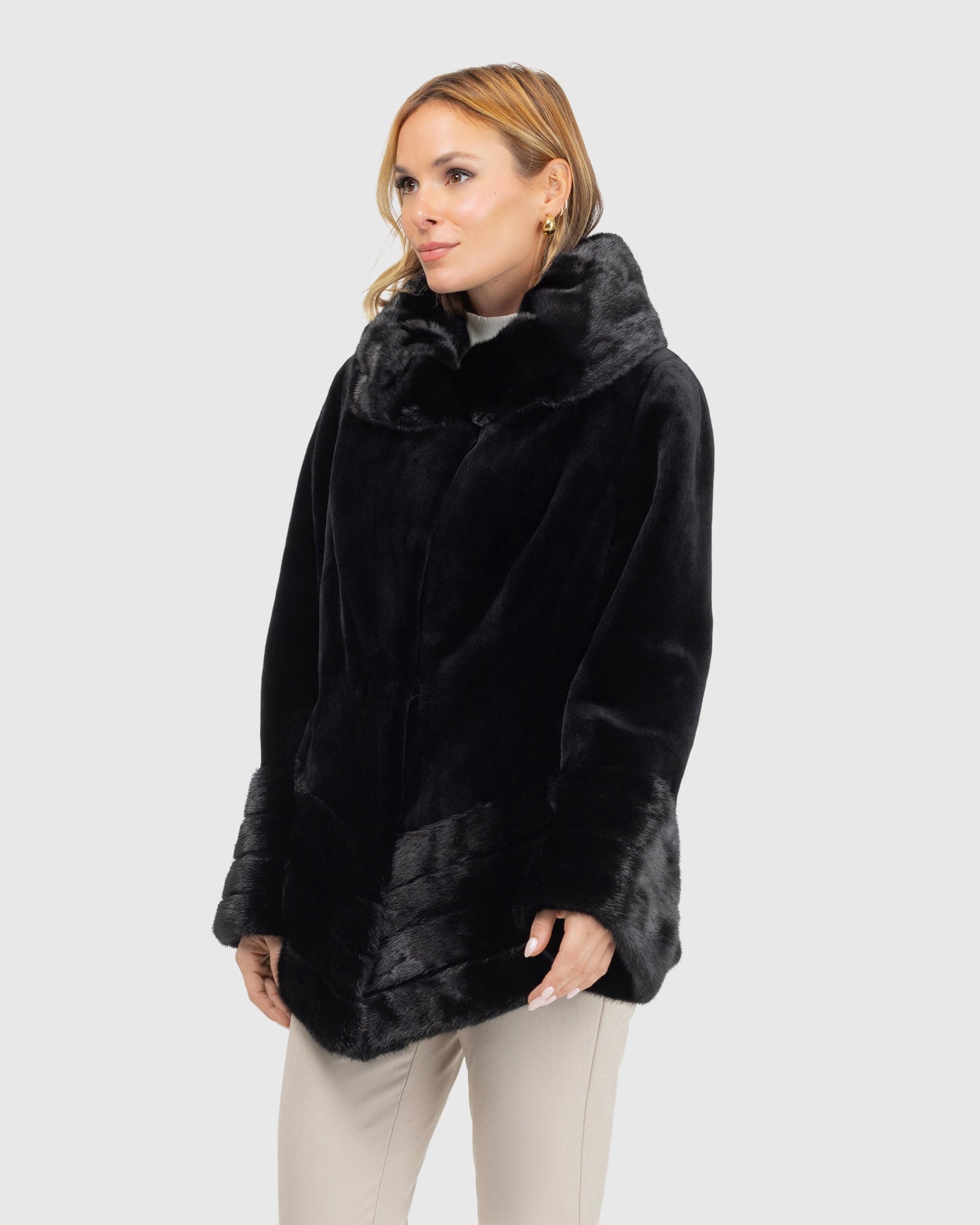 Sheared Mink Jacket, Reversible To Taffeta, Long Hair Mink Collar, Cuffs And Bottom | Black