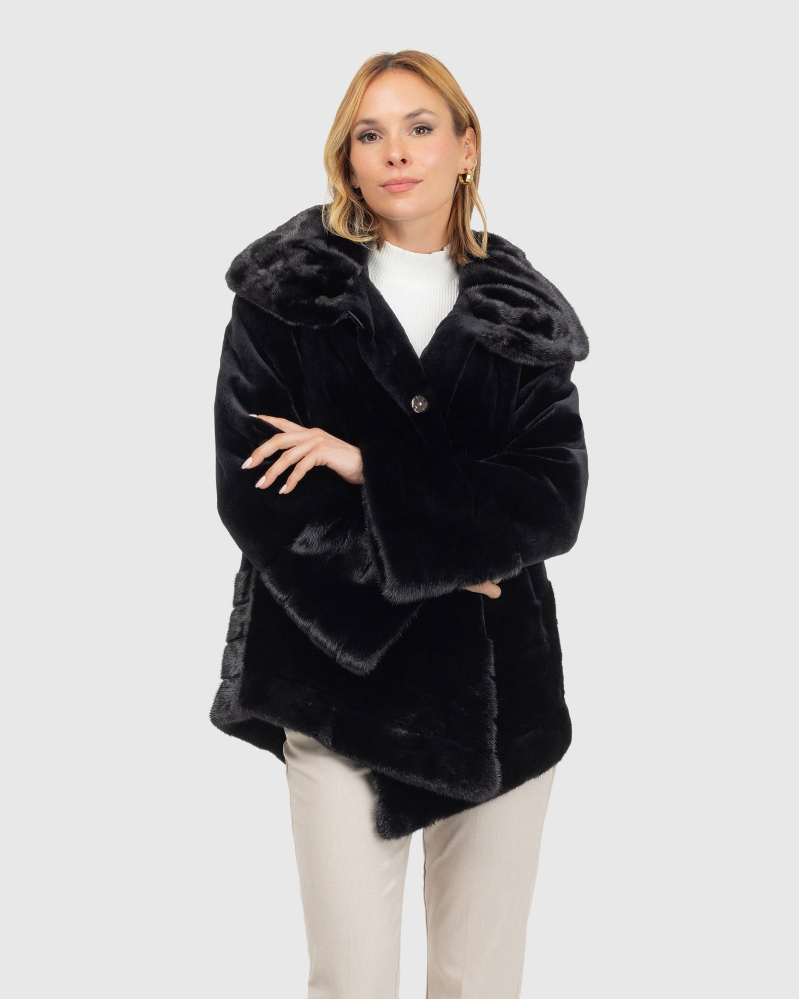 Sheared Mink Jacket, Reversible To Taffeta, Long Hair Mink Collar, Cuffs And Bottom | Black