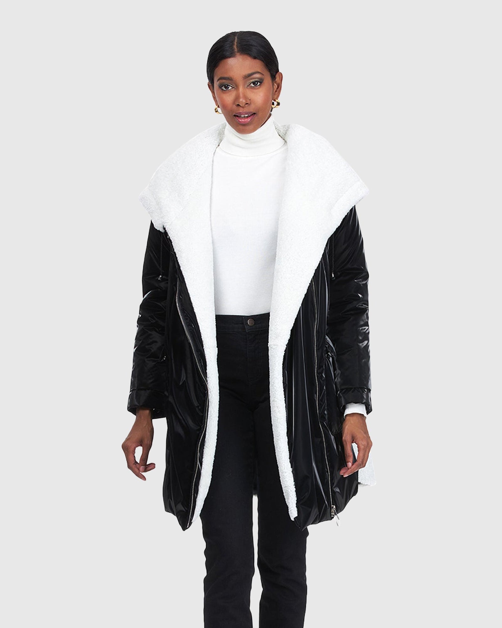 Asymmetric Quilted Parka With Shearling Lamb Trim | Black/White