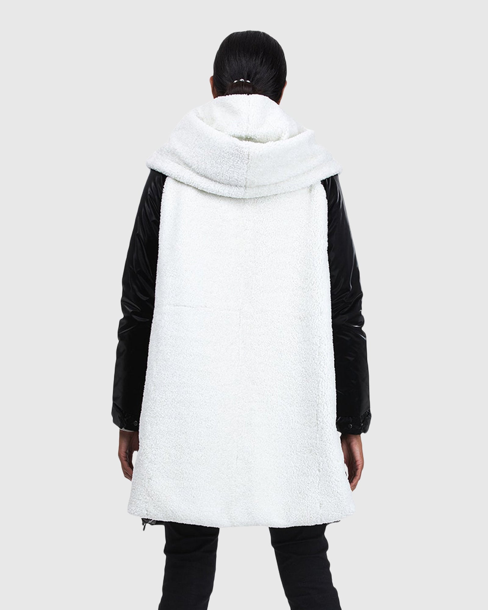 Asymmetric Quilted Parka With Shearling Lamb Trim | Black/White